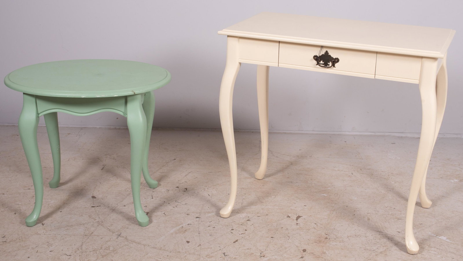 QA style one drawer desk, QA style side table: Cream painted QA style one drawer desk, along with green painted QA style side table, desk, 30" h x 32" w x 19" d