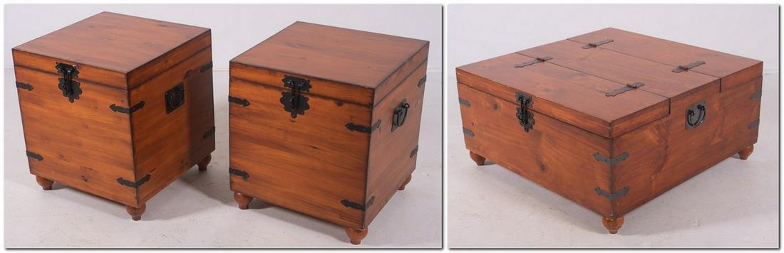 (3) pc pine trunk form table set: (3) pc pine trunk form table set, c/o coffee table, pair side tables, side tables have open tops, coffee table each top side opens, metal mounts, coffee table 18" h x 36"square