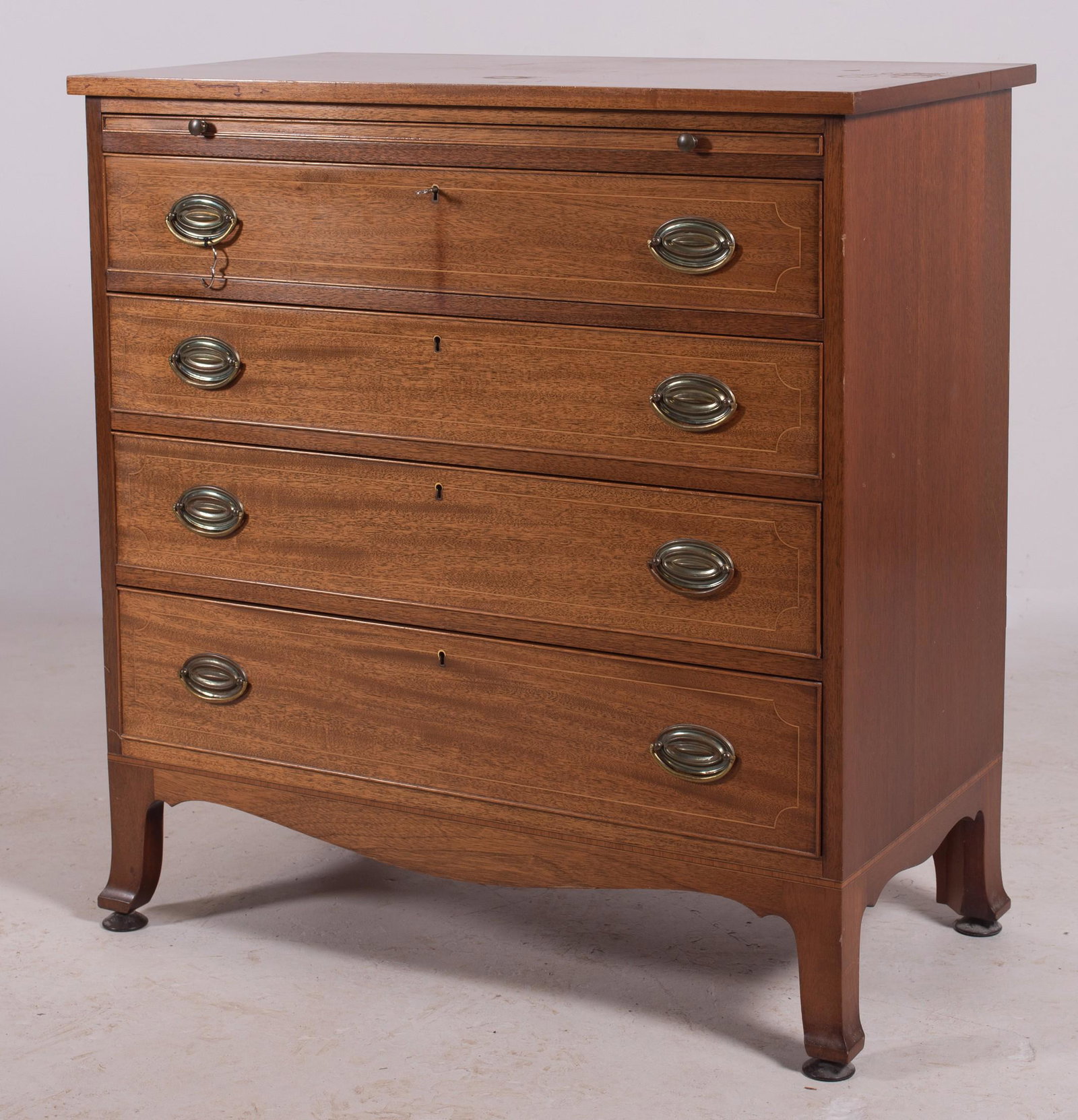 Hepplewhite style mahogany inlaid chest of drawers: Hepplewhite style mahogany inlaid chest of drawers, pull out slide over 4 drawers, 39-1/4" h x 37-1/4" w x 21" d, watermarks on top, scratches