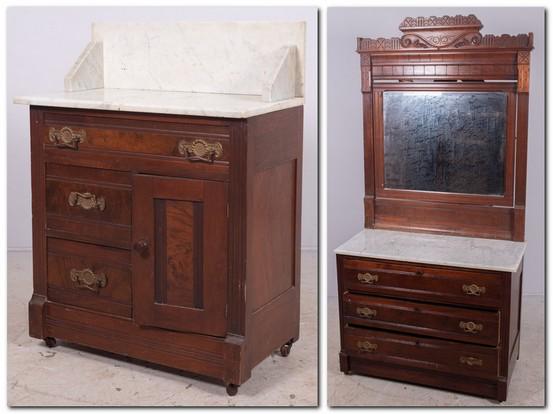 (2) pc Victorian bedroom set: (2) pc Victorian bedroom set, marble top dresser with mirror, marble top washstand, dresser 80" h x 38" w x 18-1/2" d