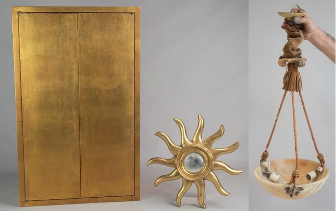 Gold leaf 2-door cabinet, sunburst mirror: Gold leaf 2-door cabinet, sunburst mirror, alabaster hanging light, cabinet 26" h x 16" w, The cabinet does not have interior shelves, and the mirrors total diameter is 13". Cabinet has light wear to 
