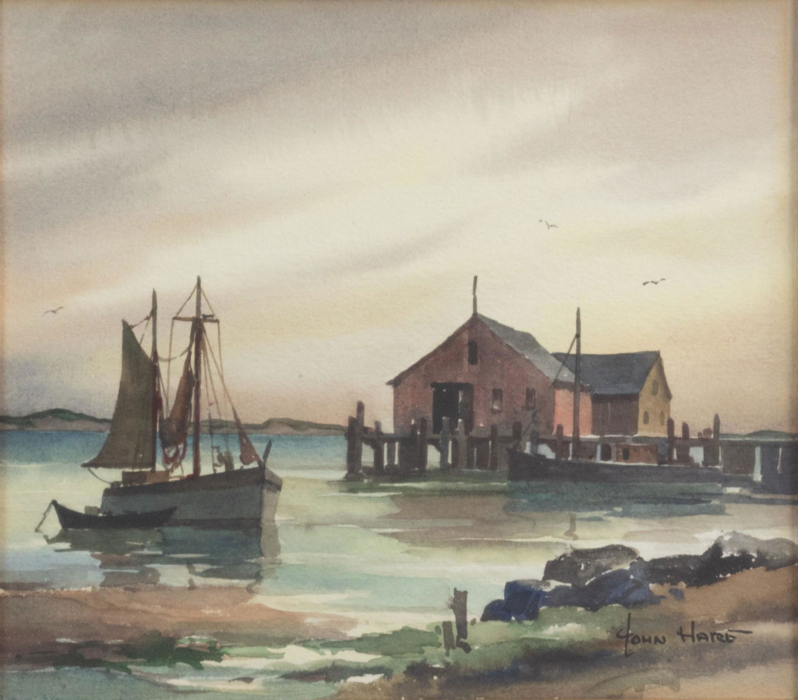 John Cuthbert Hare Ptg "Waterfront Provincetown": John Cuthbert Hare (American, 1908-1978) painting "Watercolor Provincetown", watercolor on paper, signed "John Hare", 7" x 8" sight, framed size 14-3/4" x 16-3/4", very good condition
