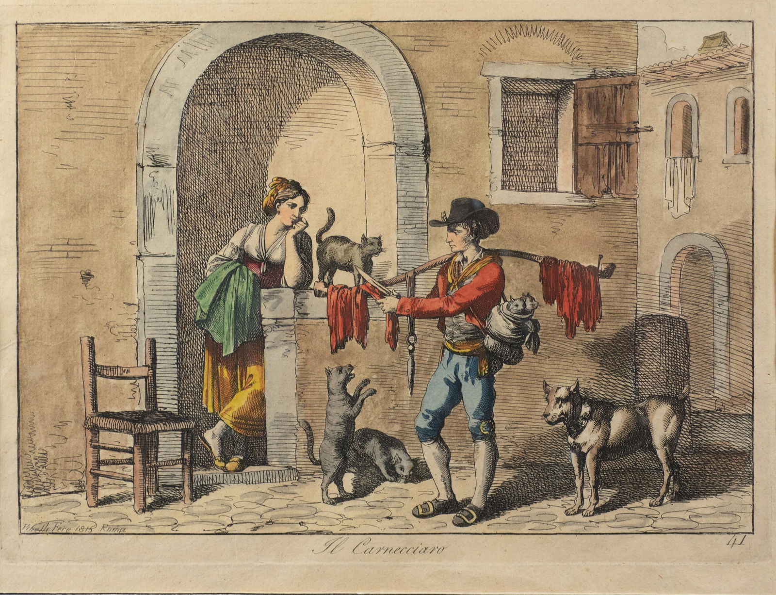 Bartolomeo Pinelli Print "Il Carnacciaro": Bartolomeo Pinelli (Italian, 1771-1835) print "Il Carnacciaro", etching on paper with hand coloring, signed in plate "Pinelli Fere 1815 Roma", 11-1/2" x 8-3/8" plate, 10-3/4" x 16-1/8" sheet, framed 1