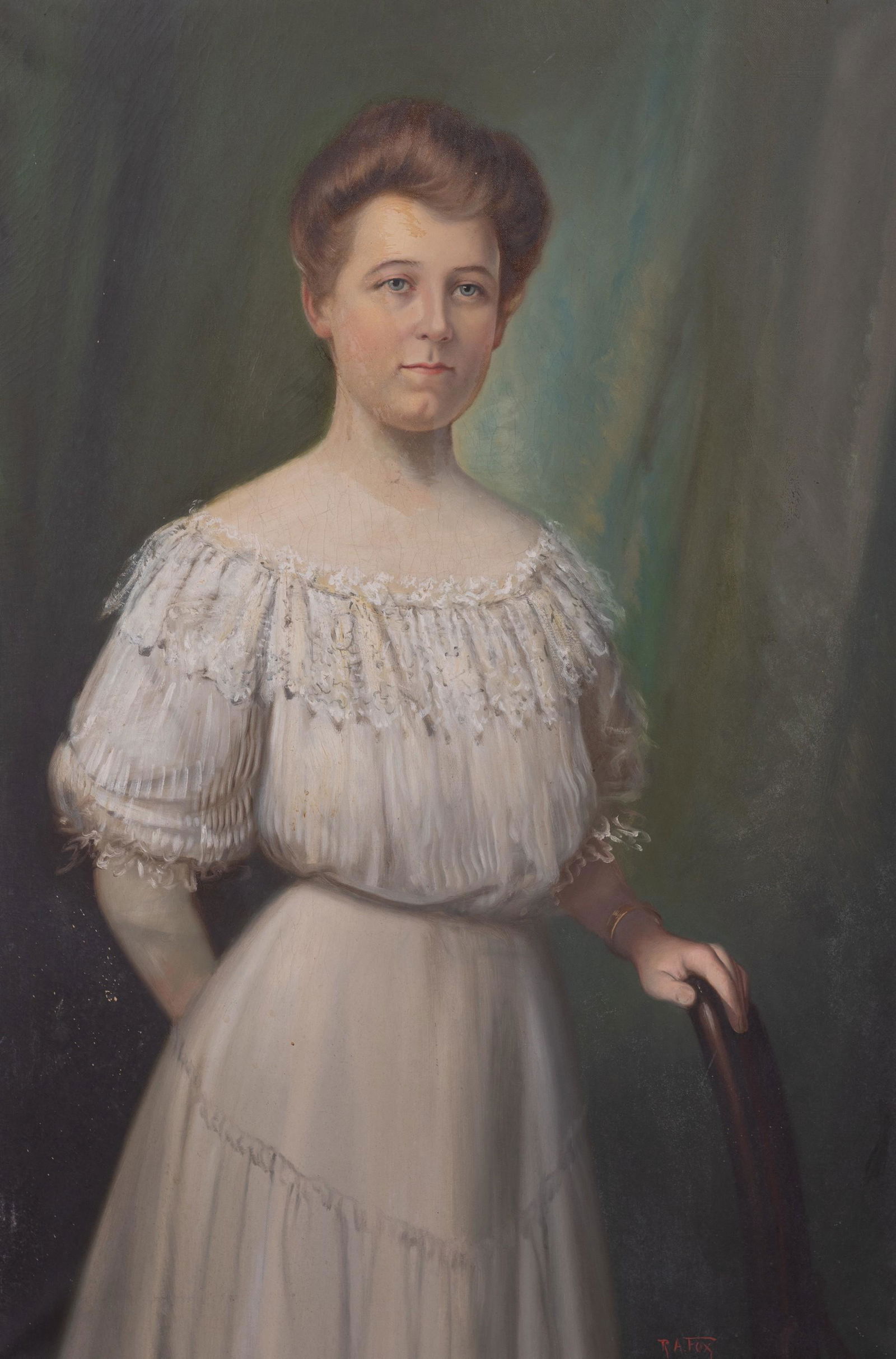 Robert Atkinson Fox "Portrait of a Lady" Painting: Robert Atkinson Fox (American, 1860-1935) PA artist, "Portrait of a Lady" painting, oil on canvas, signed "R. A. Fox", original gilt wood and gesso frame, 40" x 27", framed 52" x 39", good condition w