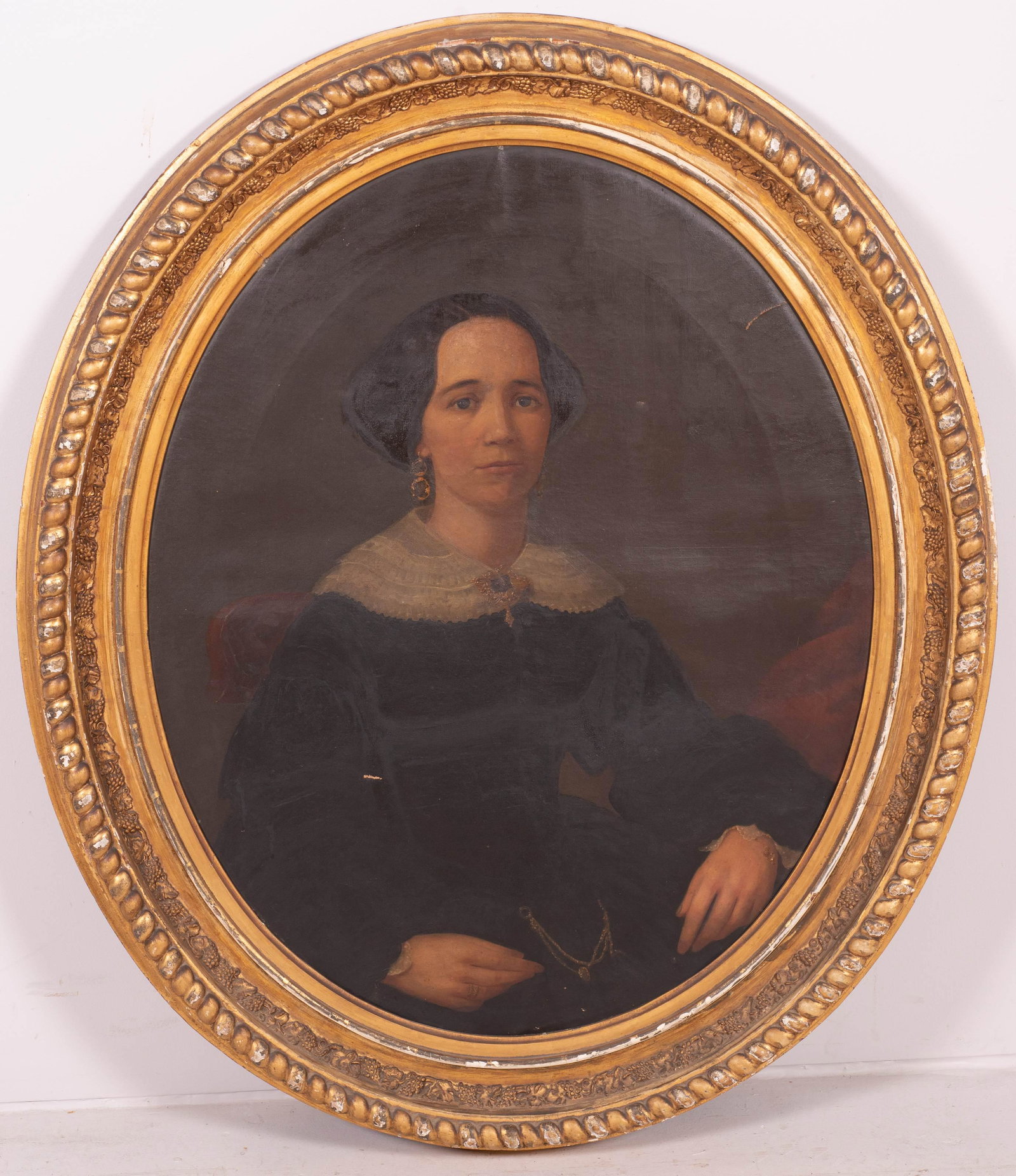 19th C. American Portrait Painting of a Woman: 19th C. American Portrait Painting of a Woman, oil on canvas, no visible signature, canvas stamped on back "Theo Kelley artist colorman 18 S. 18th St. Phila.", mounted in original period gilt frame, 3