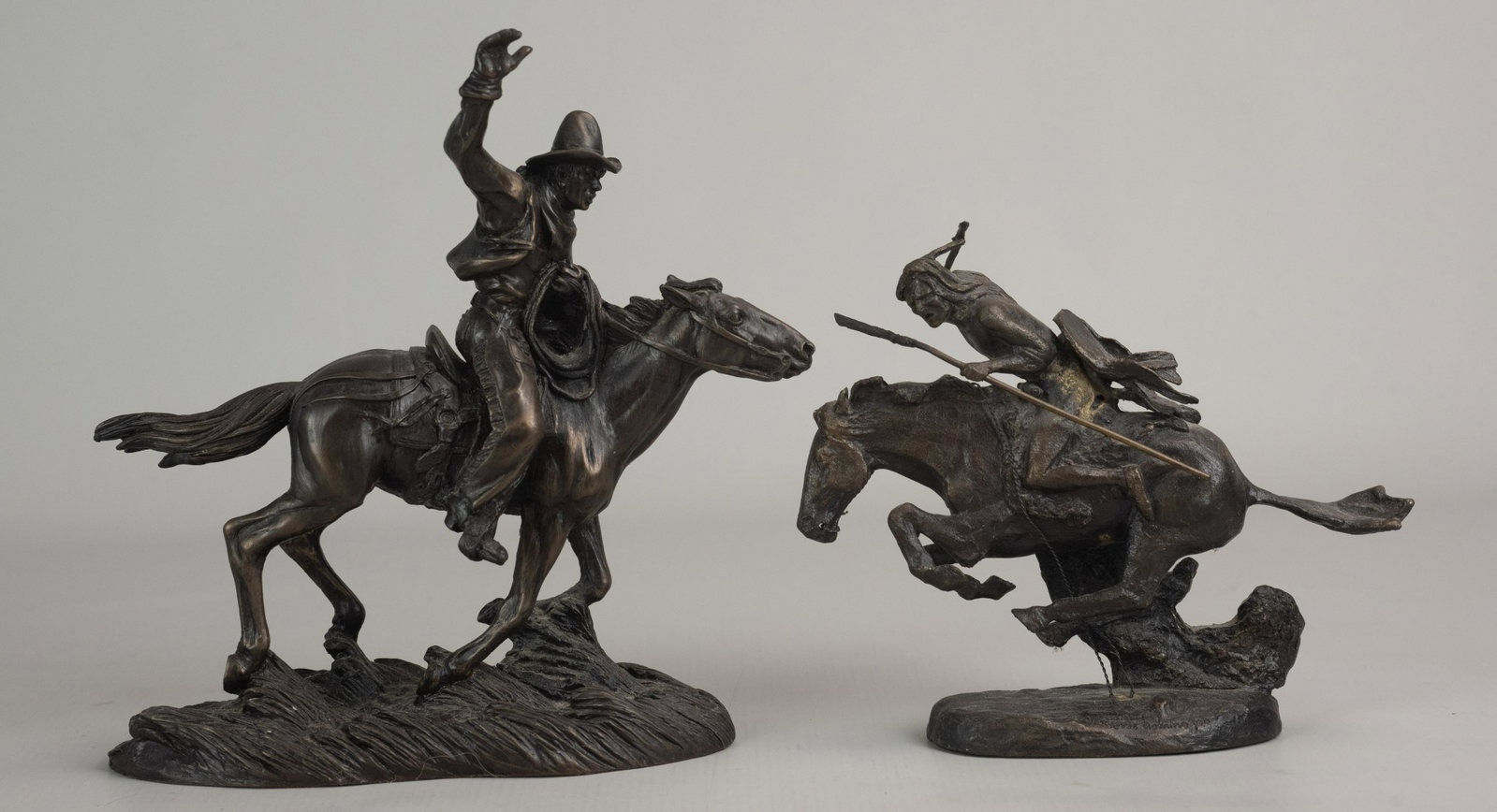 (2) Western Theme Sculptures: (2) Western theme sculptures, c/o after Frederic Remington Franklin Mint "The Cheyenne", 6" h, Tom Mackie Heredities cowboy on horse, 8" h