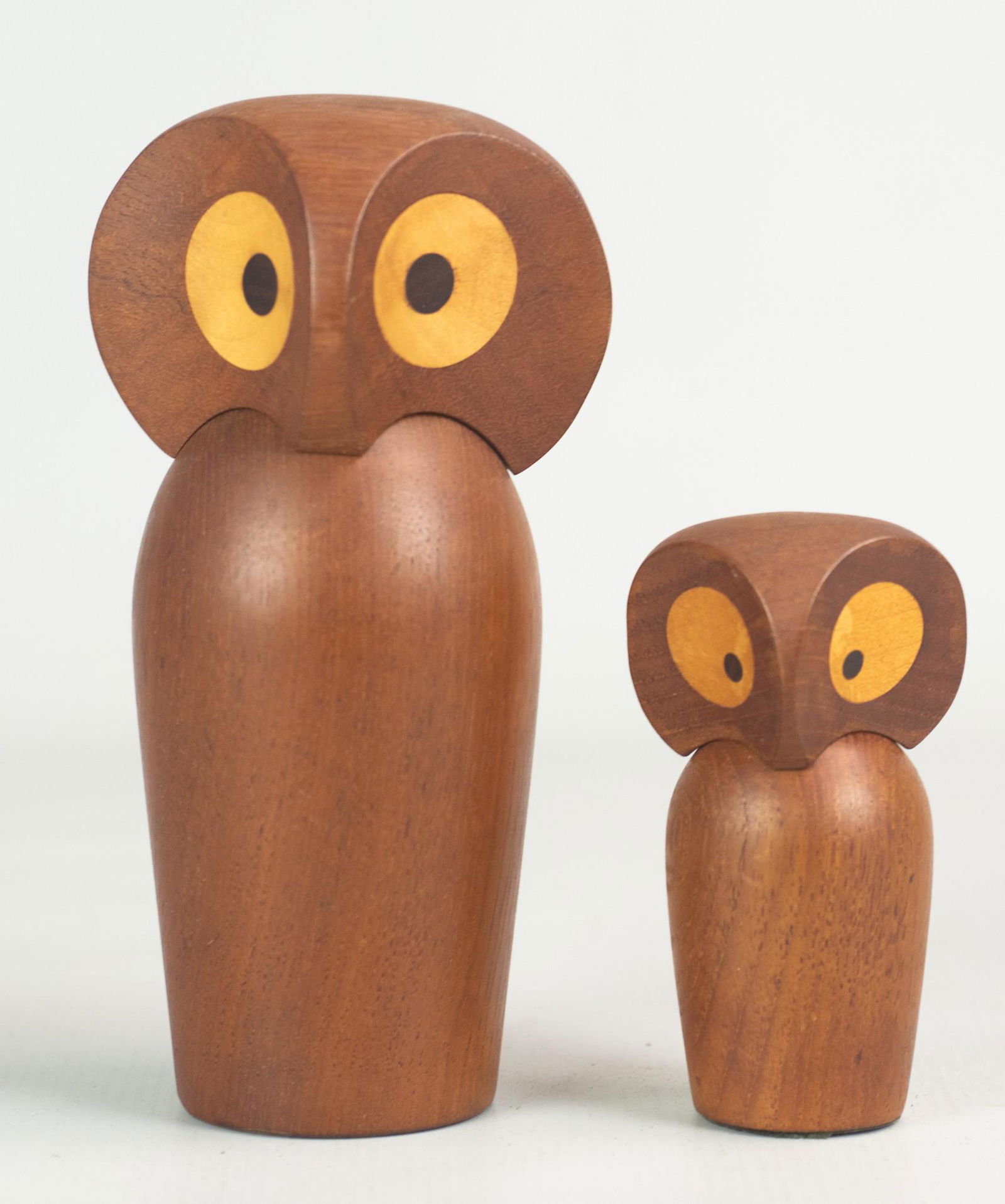 (3) Skjode Skjern Wise Old Owl Nodders: (2) Mid-century modern teak wood Wise Old Owl nodder figurines, Skjode Skjern Denmark, 6-3/4" h & 4" h
