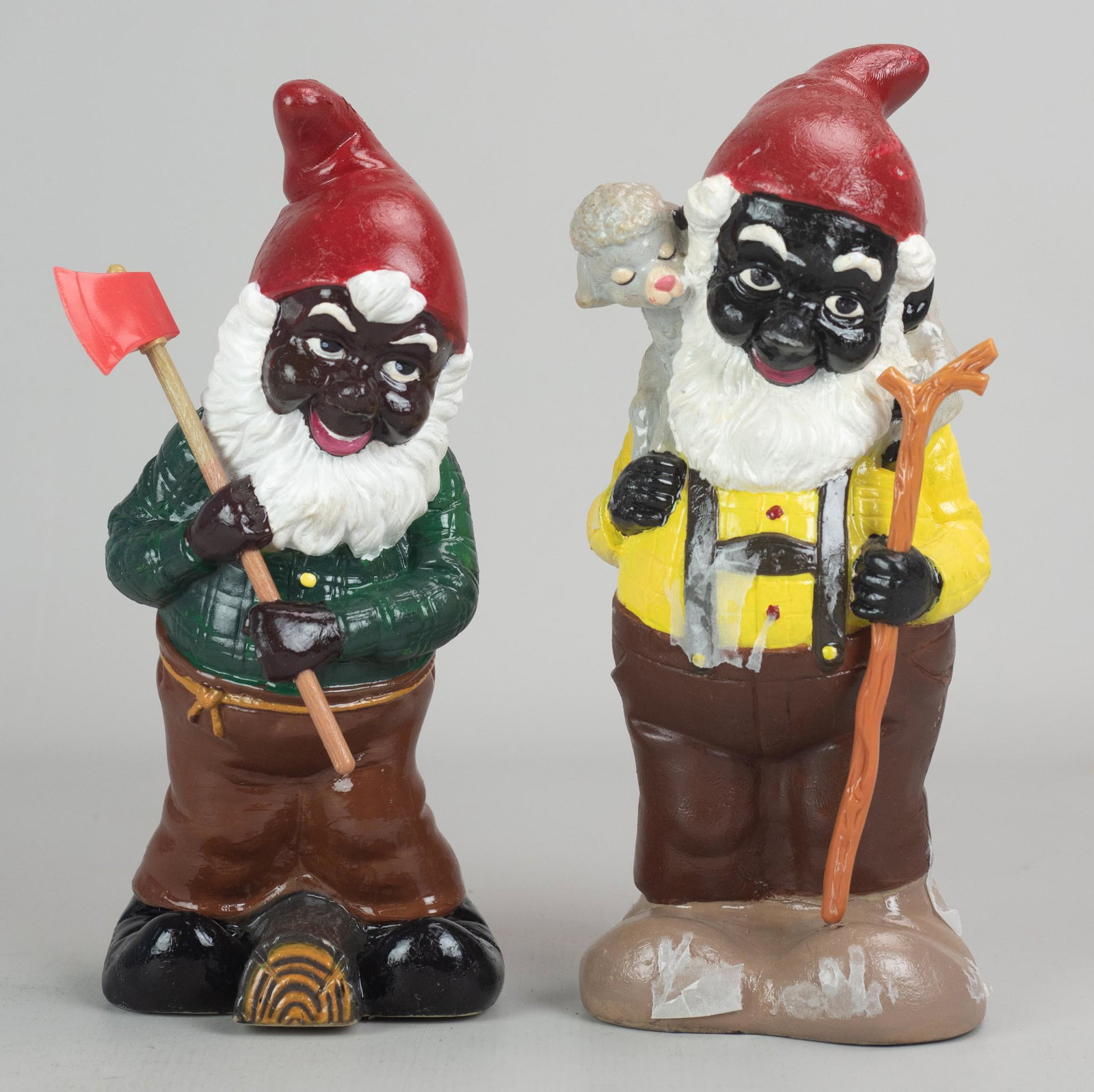 (2) Artist Signed Painted Gnomes: (2) Artist signed painted gnomes c/o Artline model gnomes, weighted and painted figures, 1-1/2", signed and numbered illegibly.