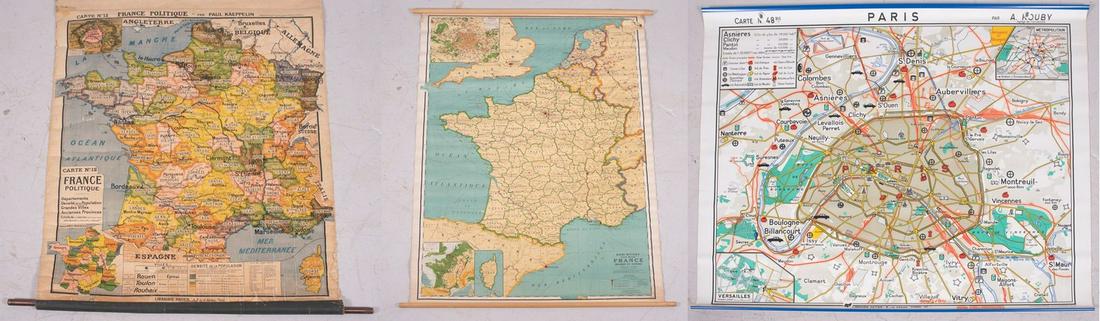 (3) Maps of France: (3) Maps of France c/o Sermap map of Paris, 48"X39" paper on cloth Paul Kaeppelin France Politique pull down map 50s/60s, 50"x39" missing (1) dowel and Rand McNally paper on cloth Carte Murale France,