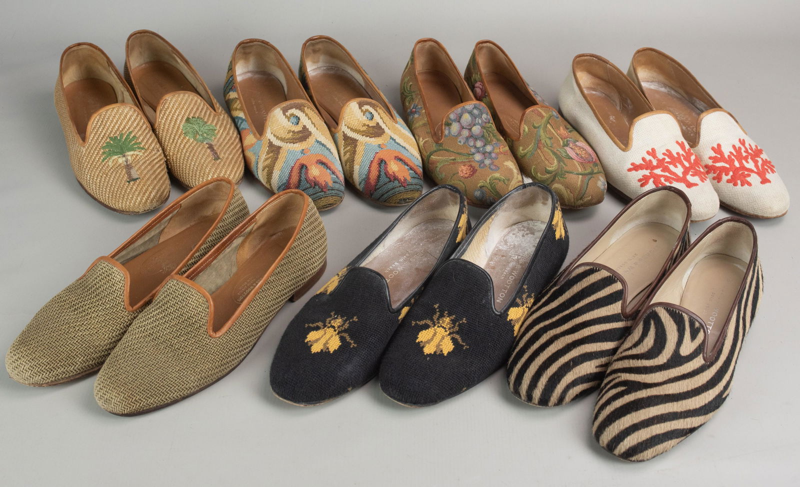 (7) Pr Stubbs & Wootton Loafers: (7) Pr Stubbs and Wootton loafers incl. coral embroidered, palm tree embroidered, horse hair, and needlepoint variations, all size 8, (1) pr 8-1/2, all have been worn, some with powdered interior.
