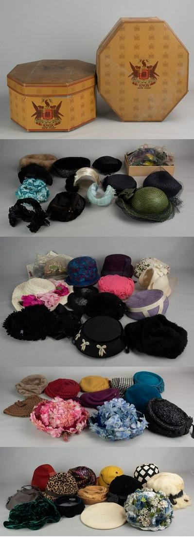 (20)+ Hats 40's-70's: (20)+ Hats 40's-70's c/o 40's brown ribbon hat, Deluxe Velour, spring floral, Glenover wool, yellow wool, houndstooth pillbox, Needlepoint by Everitt raspberry wool hat with oversized lucite hat pin, 