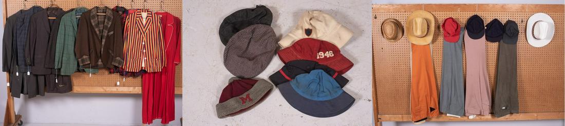Mens Hat and Apparel Grouping: Mens hat and apparel grouping c/o Edwardian wool smoking jacket, Josephs cotton plaid suit jacket, Kamore wool robe with discoloration and moth damage, Royal York by Bond Clothes wool blazer, Robert H