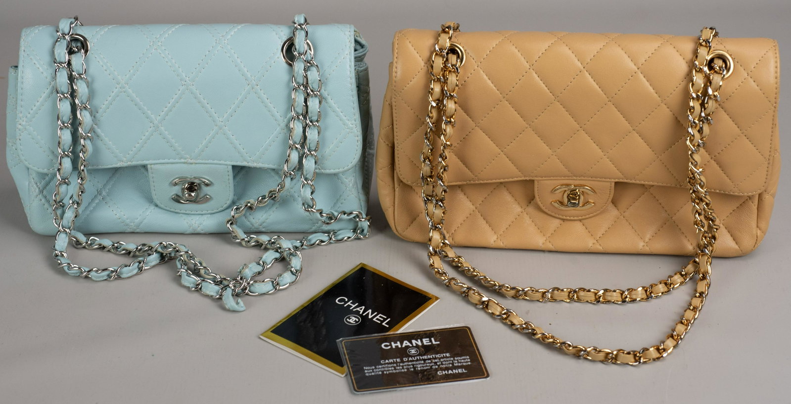 (2) Shoulderbags: (2) Quilted shoulder bags, marked made in Italy, Blue bag on the inside latch on metal it says Chanel Paris, on snap inside says UK PAT 1519246, there is a hanging metal tag on zipper that says Chanel