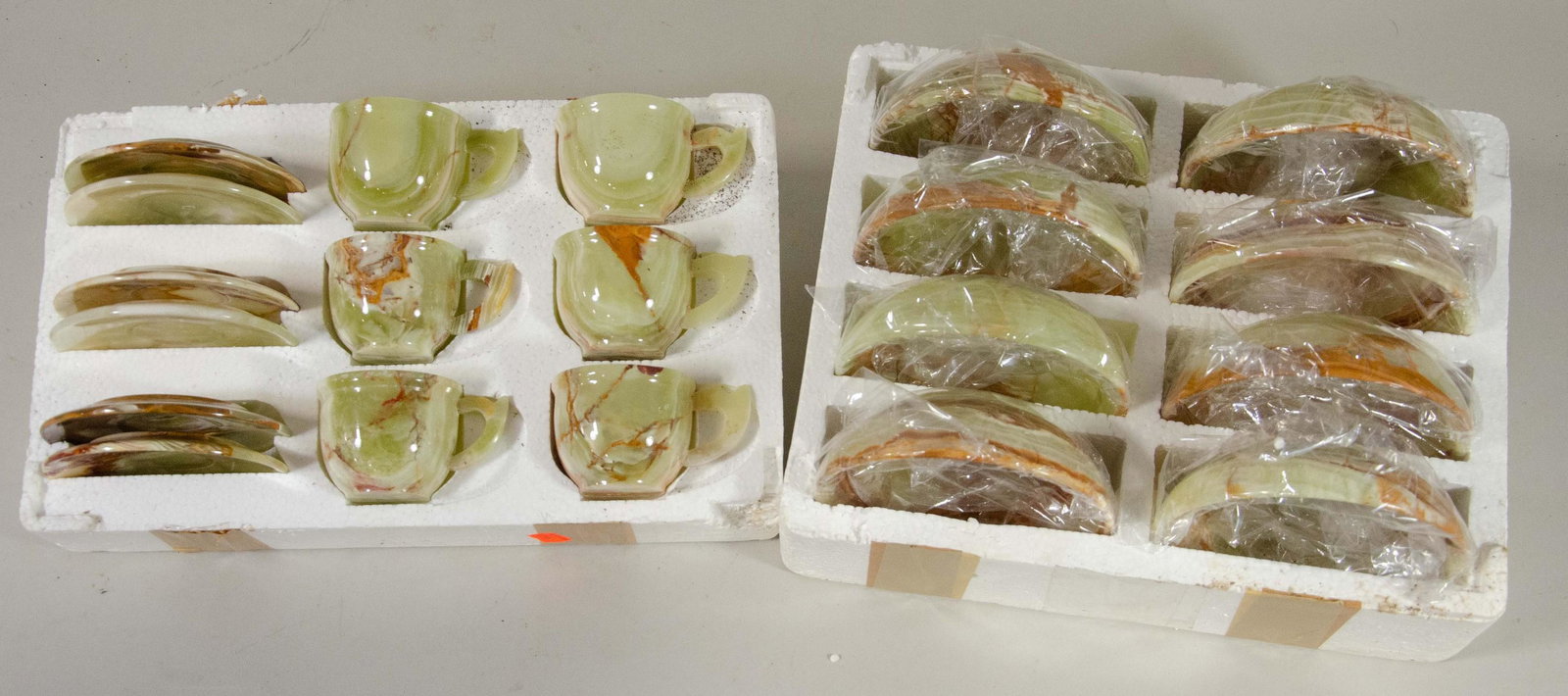 (20) Pcs Green Onyx Dinnerware: (20) Pcs green onyx stone dinnerware, c/o 8 soup bowls, 6 teacups, 6 saucers