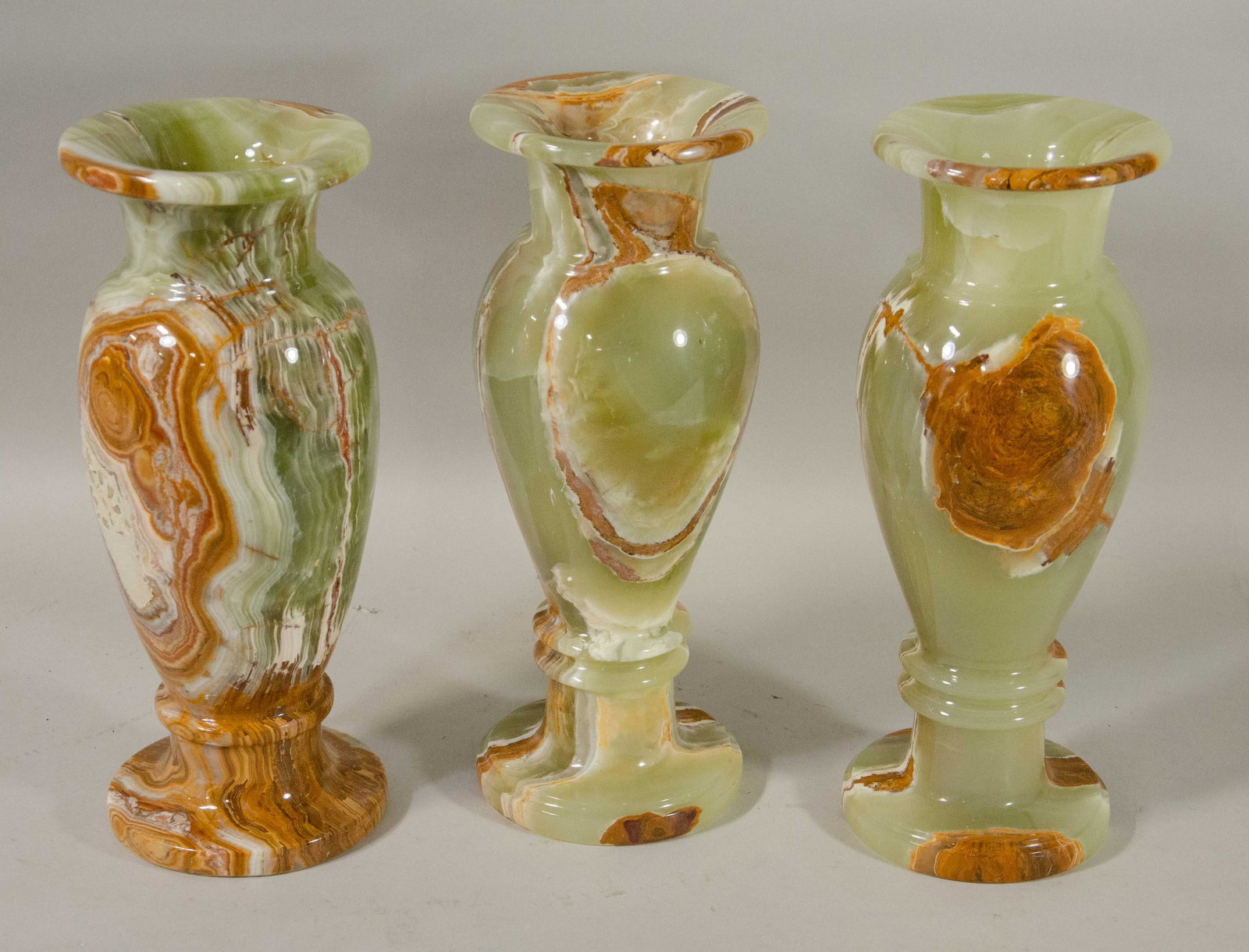 (3) Green Onyx Vases: (3) Green onyx stone vases, 15" h