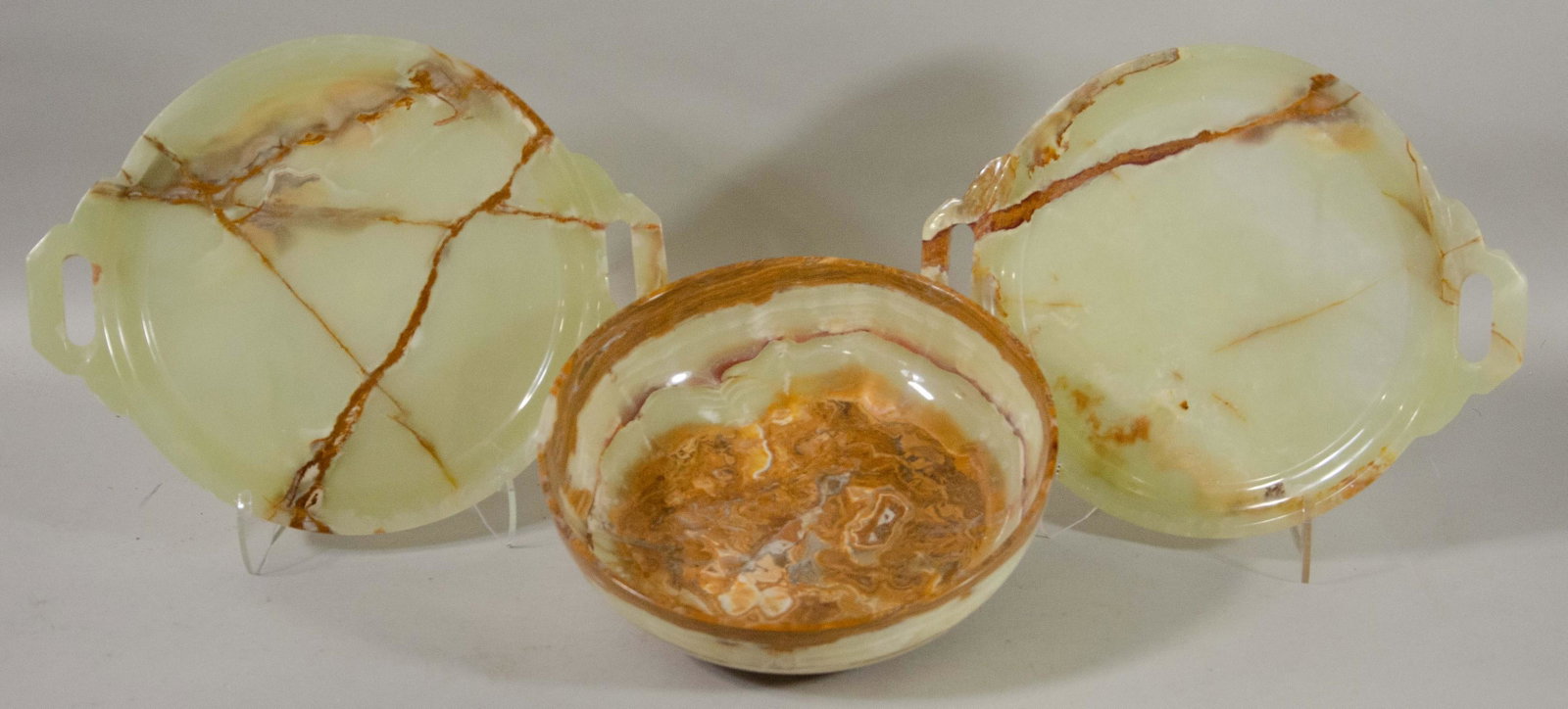 (3) Pcs Green Onyx: (3) Pcs green onyx stone, c/o 2 double handled trays, 14-3/4" x 12", round bowl (repaired), 12" dia x 3-3/4" h
