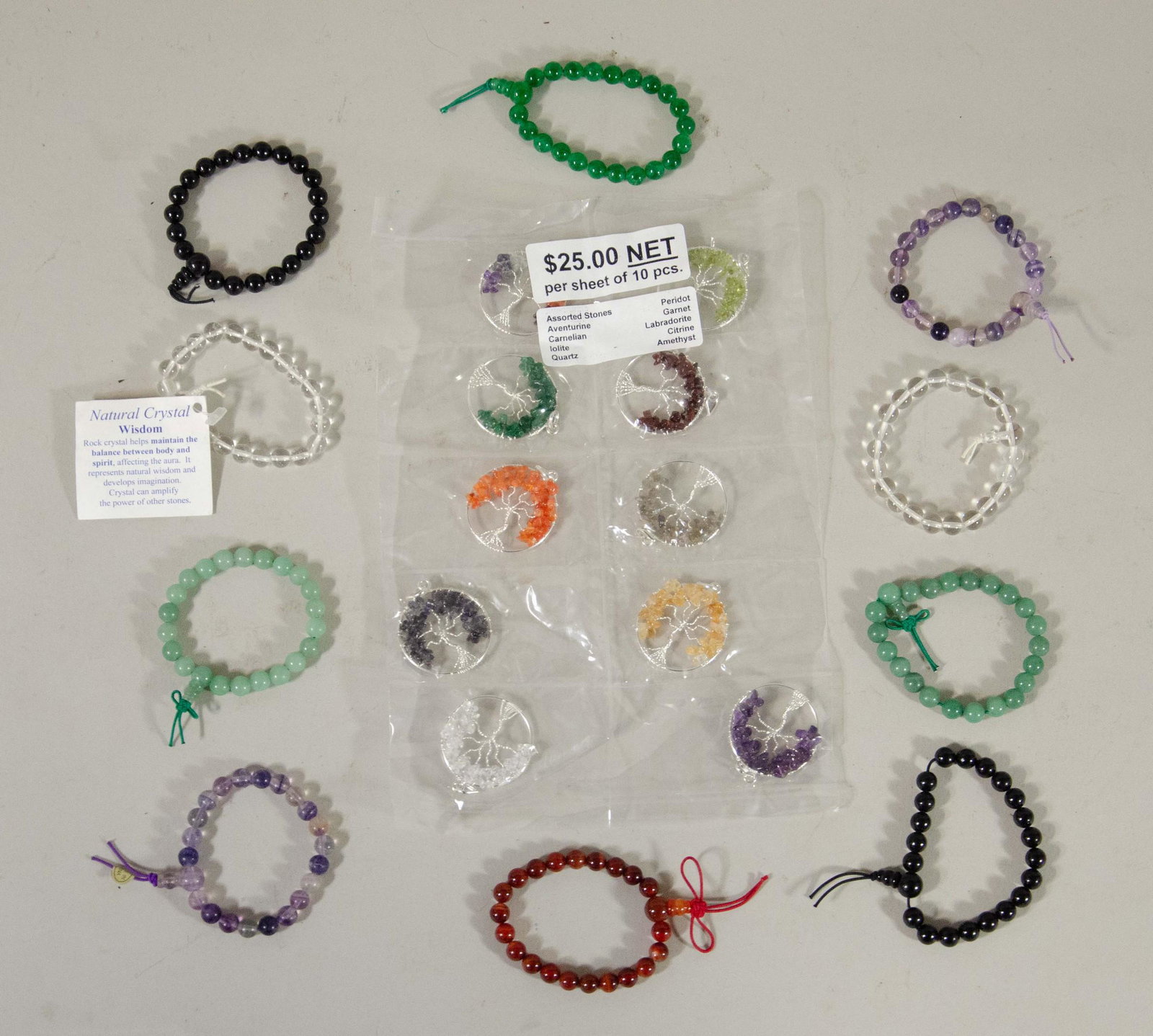 (19) Pcs Stone Jewelry: (19) Pcs stone jewelry, c/o (9) bracelets, (10) tree of life pendants with assorted semi-precious stones