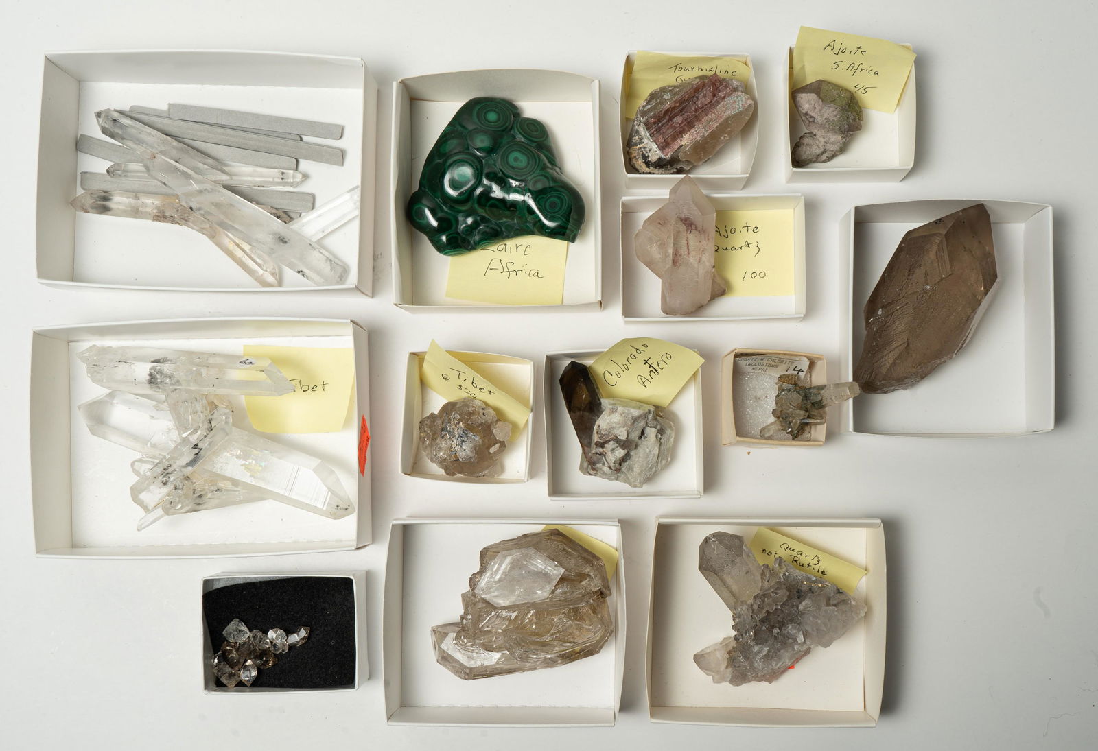 (16) Pcs Assorted Minerals: (16) Assorted minerals from Tibet, Brazil, Arkansas, Colorado and Zaire, mostly Quartz, Malachite and Tourmaline