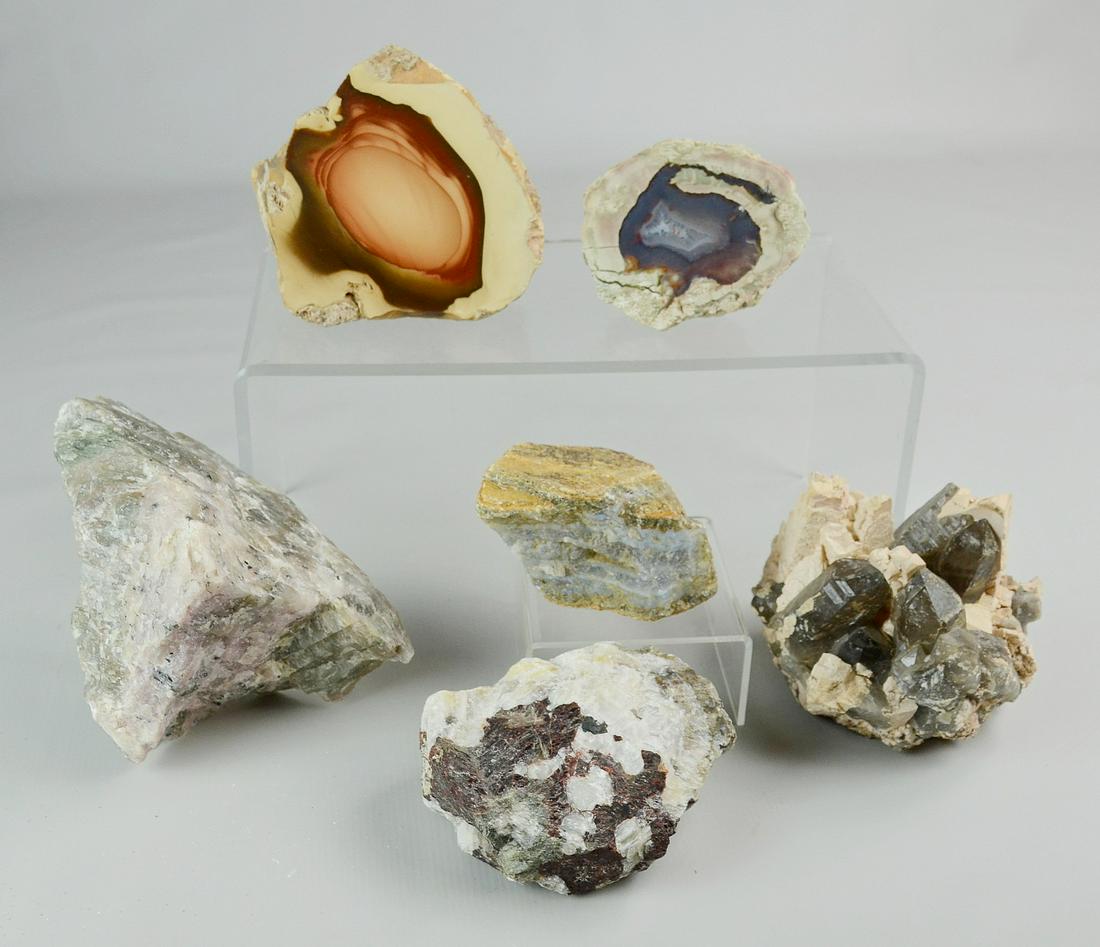Assorted Agate, Smokey Quartz: (6) Assorted specimens of Agate and Smoky Quartz