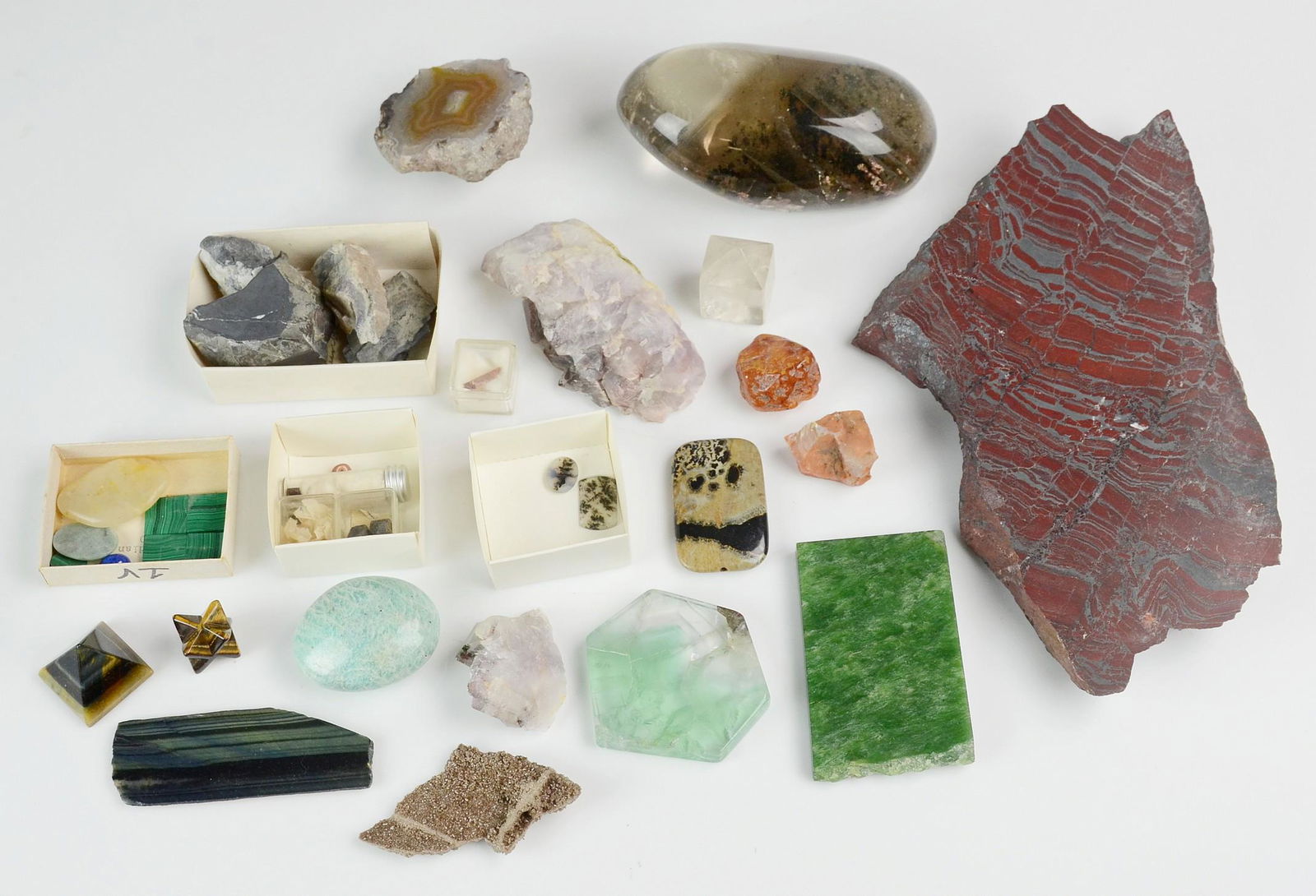 Assorted Mineral Specimens: Approx (30) assorted specimens, rough and polished, c/o Banded Iron formations (MI), Malachite, Agate, Fluorite, Quartz, Jade