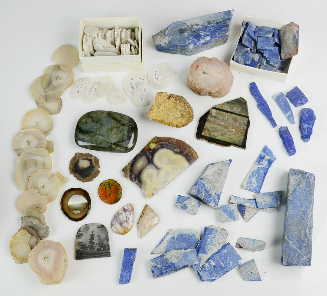 Lapis, Labradorite, Agates: Approx (74) pcs assorted specimens c/o box of approx (25) pcs of Lapis, polished Labradorite, (2) boxes of Agates sliced approx (40) pcs, (8) assorted pcs polished Agate (mostly Brazil)