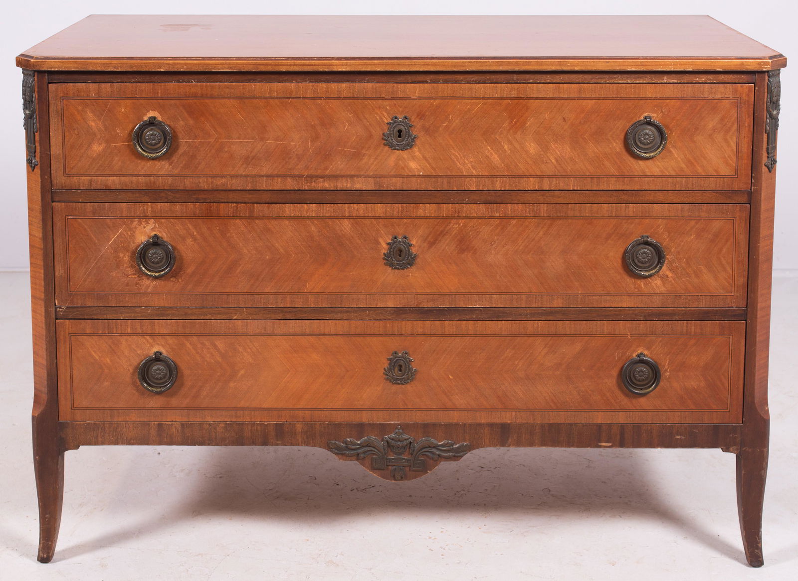 Mahogany John Widdicomb French style chest of drawers: Mahogany John Widdicomb French style chest of drawers, metal mounts, replaced hardware, 33-1/4" h x 48" w