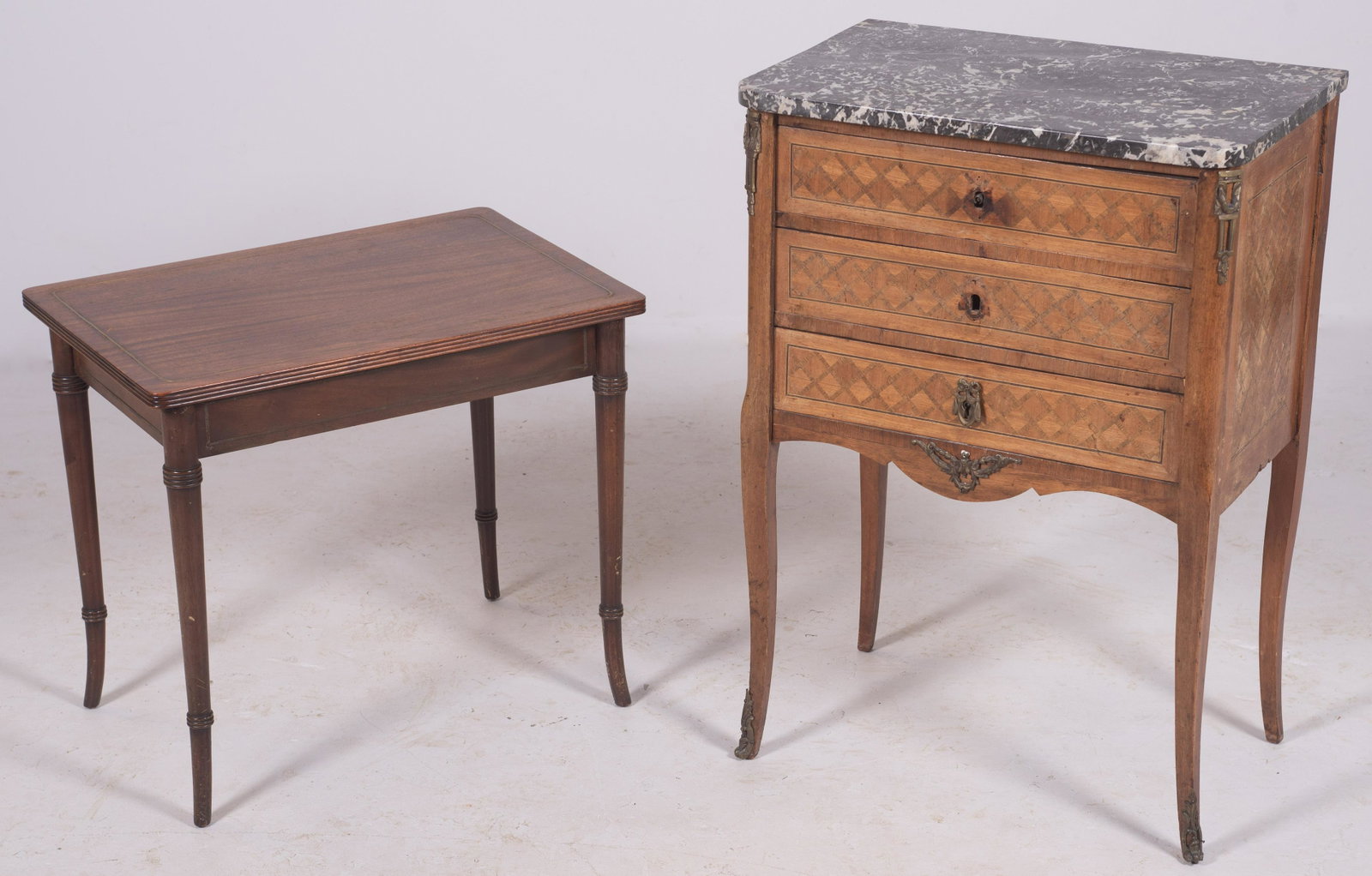 Louis XV style marble top marquetry inlaid side table: Louis XV style marble top marquetry inlaid side table, wear and damages to veneer, sun fading, loose mounts in drawer, along with Mahogany Brandt bamboo form side table, largest 31" h x 22" w,