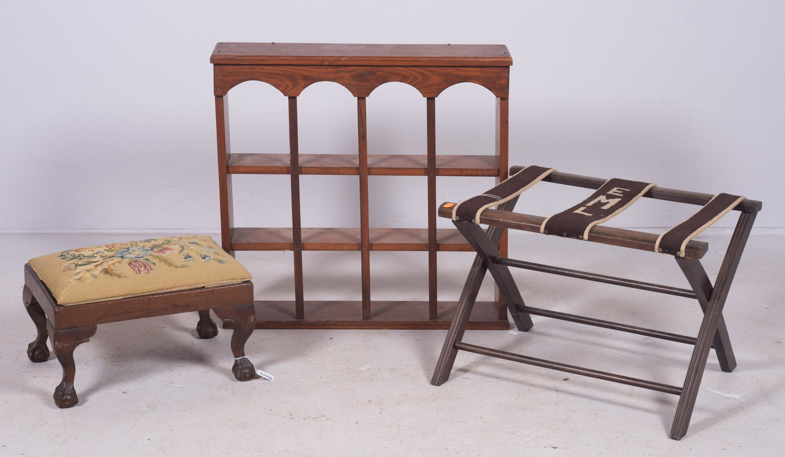 Chippendale mahogany needlepoint upholstered footstool: Chippendale mahogany needlepoint upholstered footstool, Chippendale mahogany tray stretcher, intialed EML, poplar hanging wall shelf, largest 26" h x 26" w