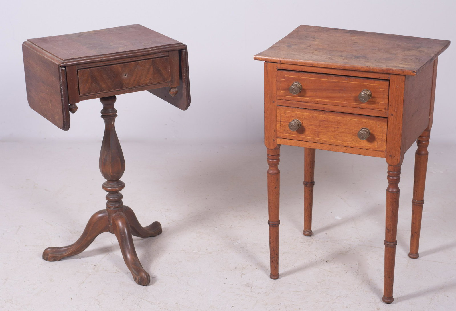 Sheraton Pine 2-drawer stand, drop leaf pedestal table: Sheraton Pine 2-drawer stand, along with one drawer drop leaf pedestal table, largest 29" h x 19" w, both with wear and watermarks