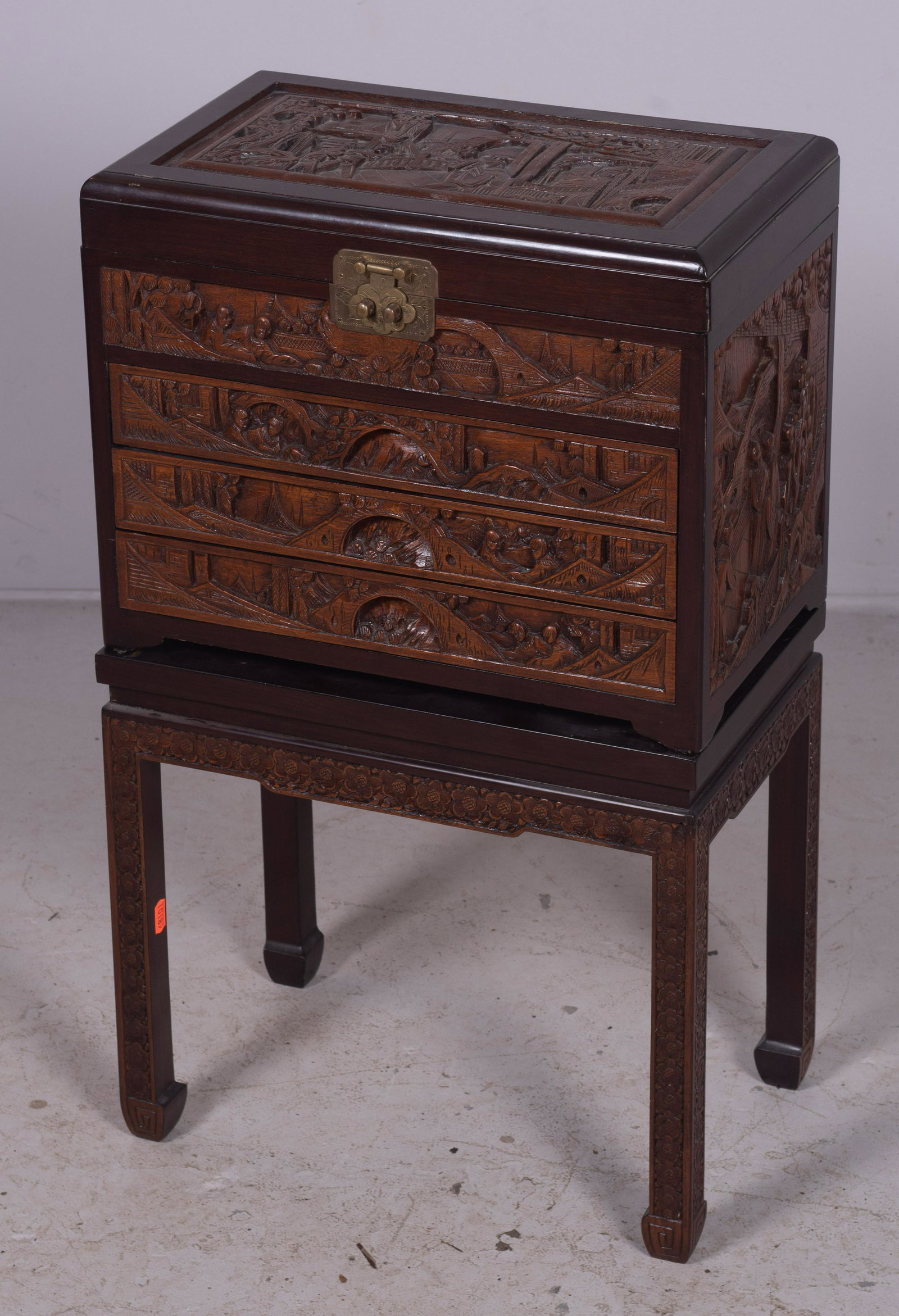 Asian style carved box on stand: Asian style carved box on stand, set of nesting tables with leather tops with gods embossed, largest 31" h x 18" w