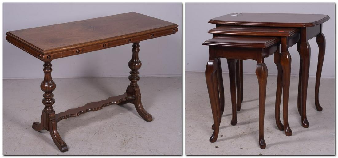 Herrmann Furniture Co walnut console table: Herrmann Furniture Co walnut console table, banded burl walnut top, along with French style mahogany nesting tables, console 30-1/2" h x 45" w, console with water damage at center, light overall wear,