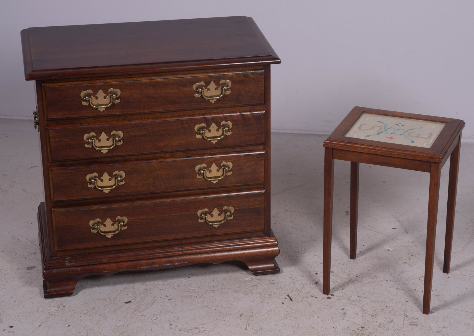Mahogany Georgian style nightstand: Mahogany Georgian style nightstand, along with mahogany Hepplewhite style table w/ needlepoint, largest 24" h x 24" w