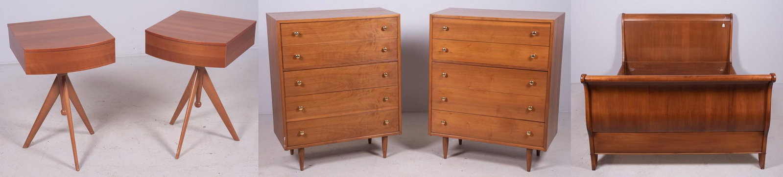 (5) pc Modern Design Assembled BRS: (5) pc Modern Design Assembled BRS, c/o Queen size sleigh bed, pair tall chests, pair one drawer nightstands, chests 42-3/4" h x 34" w