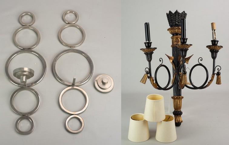 (2) pairs of sconces: (2) pairs of sconces, c/o pair chrome Modern Design sconces, Italian style ebonized and gilt 3 light sconces, largest 25" x 17", chrome sconces one with damage