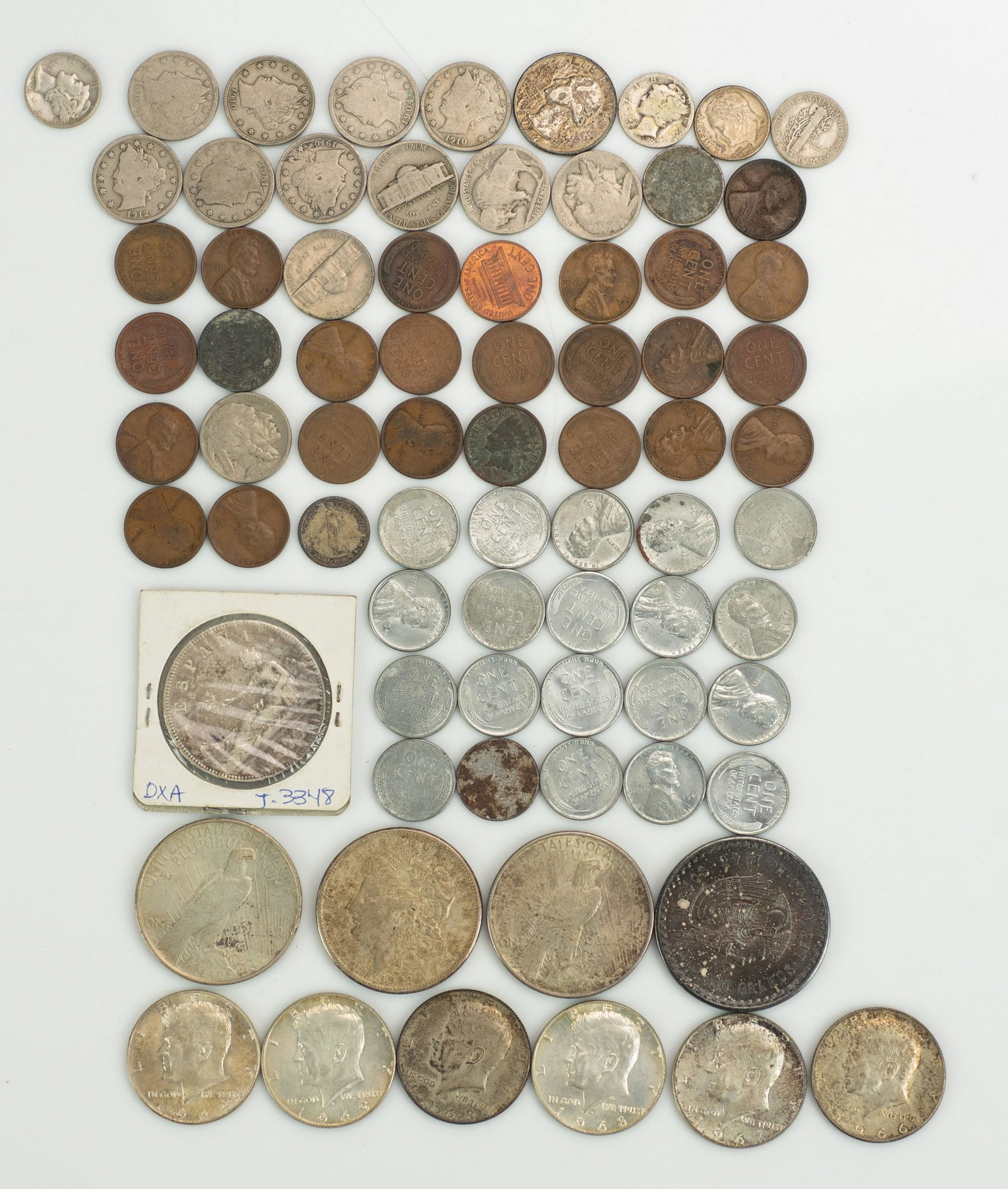 (3) US Silver Dollars, Other US & Foreign Coins: (3) US silver dollars, (2) 1924 Peace, 1921-S Morgan, 1908 Phillipine 10 centavo, 1948 5 peso Mexico, 1870 5 Peseta Spain, (5) 40% silver Kennedy halves, 1 1964 Kennedy half, $.65 face 90% silver dime