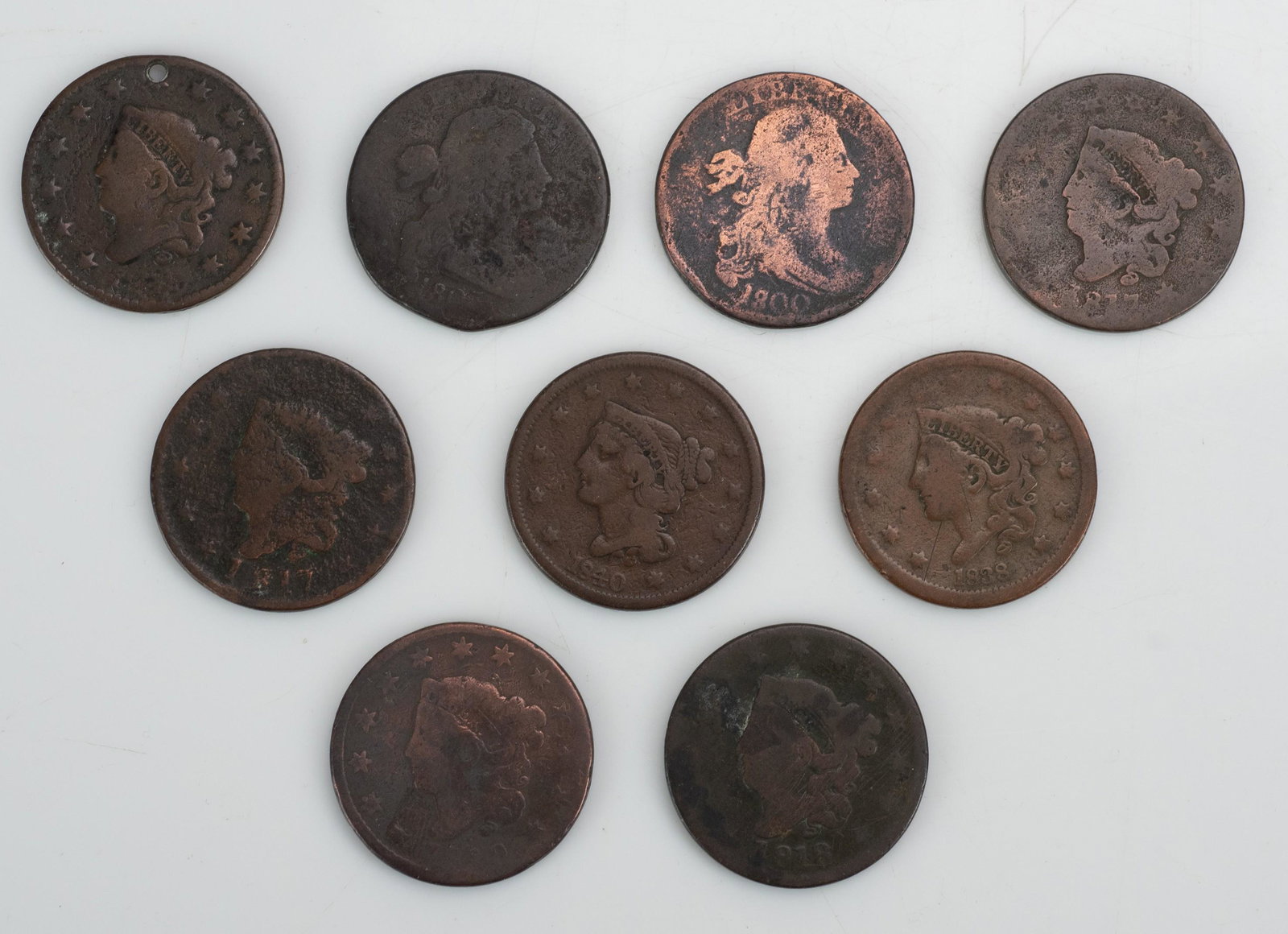 (9) US Large Cents: (9) US Large Cents, (2) Braided Hair, 1840, illegible date,drilled, (5) Coronet Head, (2) 1817, 1818, 1819, 1838, (2) Draped Bust 1800, 1807,