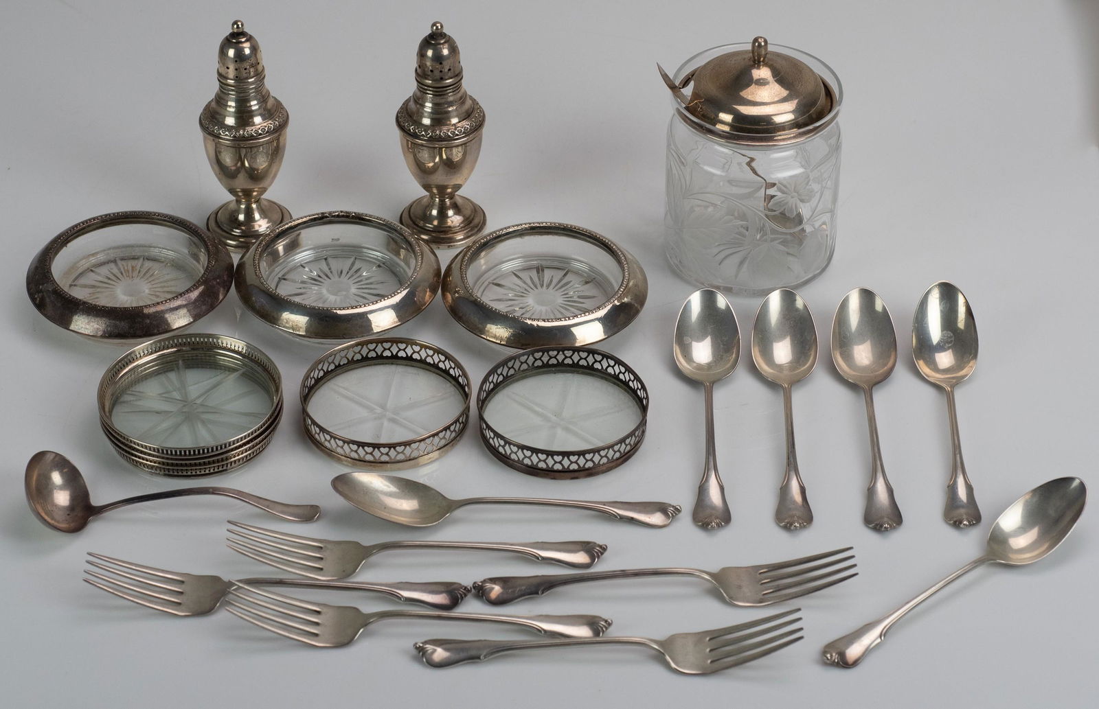 Sterling Flatware, Coasters, Shakers and Jar: Sterling flatware, coasters, shakers and condiment c/o (11) pcs Wallace Sterling in 'Grand Colonial' (5) salad forks and (6) tea spoons, sterling sauce ladle, (8) assorted sterling mounted coasters, s