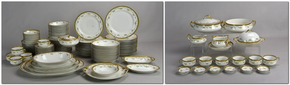 (129) Pcs Limoges Dinnerware, 'The Valmont': (129) Pcs Limoges, 'The Valmont" c/o (12) dinner plates, 9-3/4", (12) luncheon plates , 8-3/4", (12) salad plates, 7-1/2", (12) coupe soup bowls, 7-1/2", (12) rim cereal bowl, 6-1/4", (11) teacups, (1