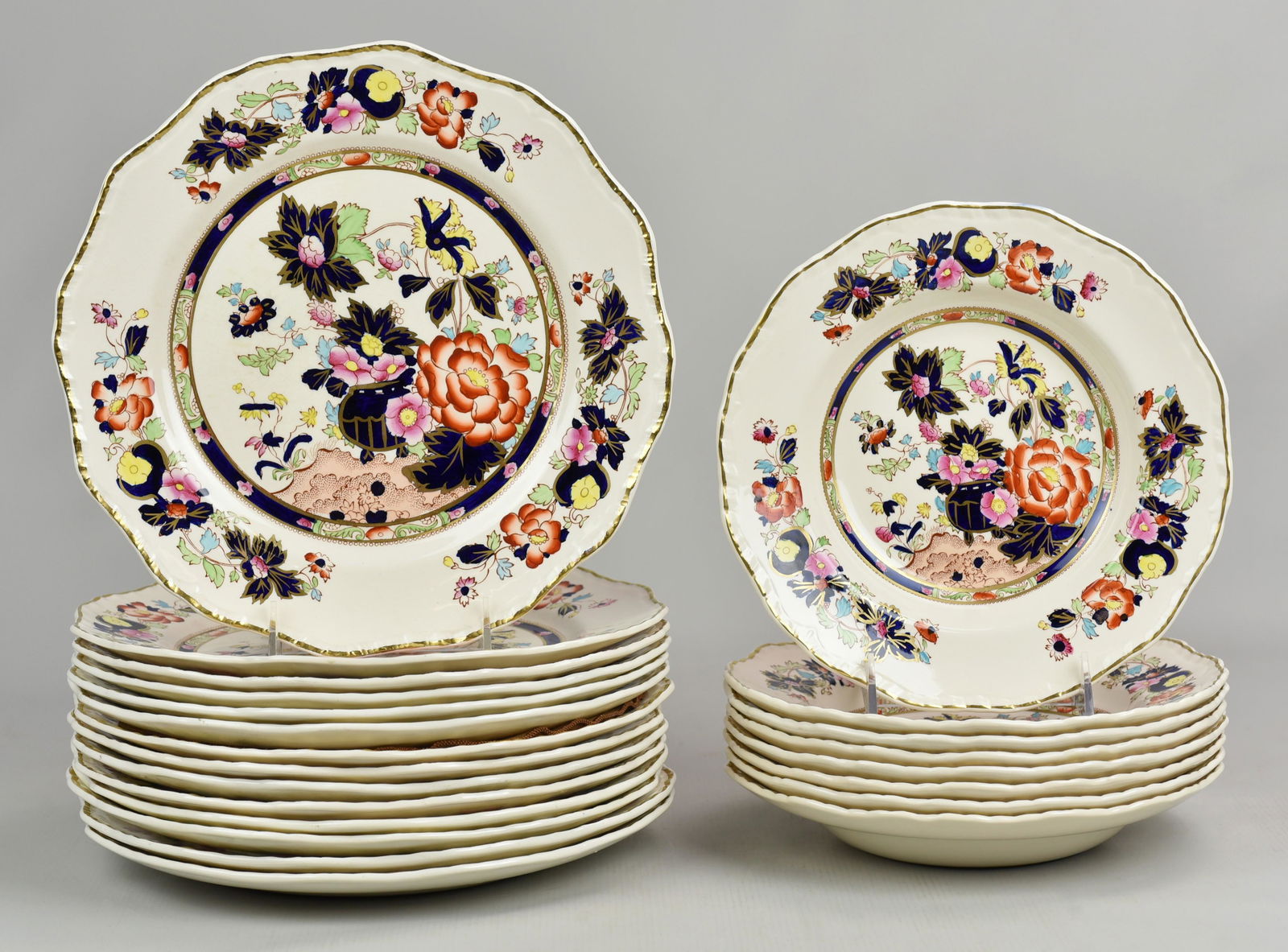 (22) Pcs Mason's Ironstone in Mandarin: (22) Pcs Mason's Ironstone in Mandarin c/o (14) dinner plates, 10-3/4" and (8) large rim soup bowls, 9"