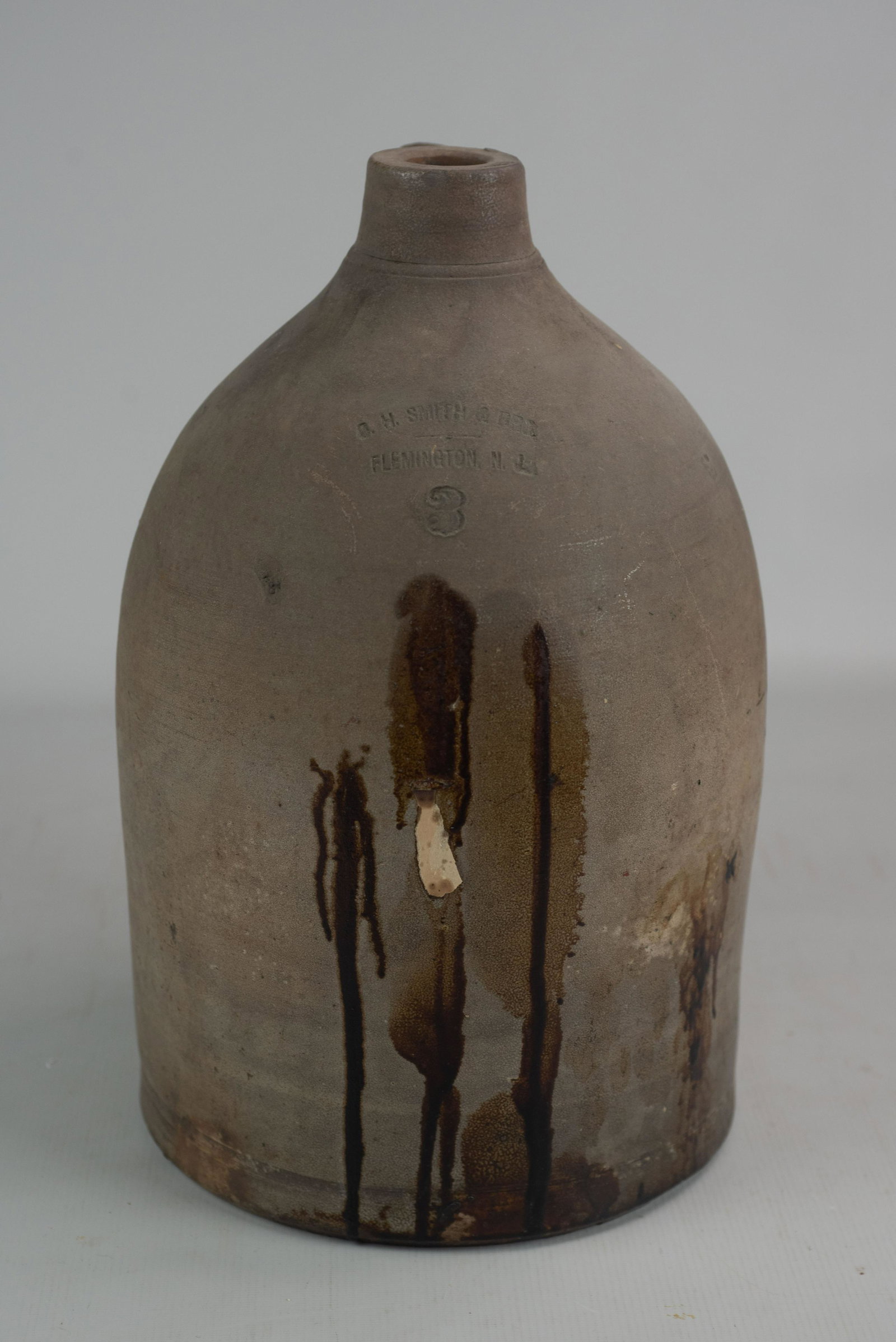O.H. Smith & Bro., Flemington, NJ 3-Gallon Jug: O.H. Smith & Bro., Flemington, NJ 3-gallon jug, 15-3/4"