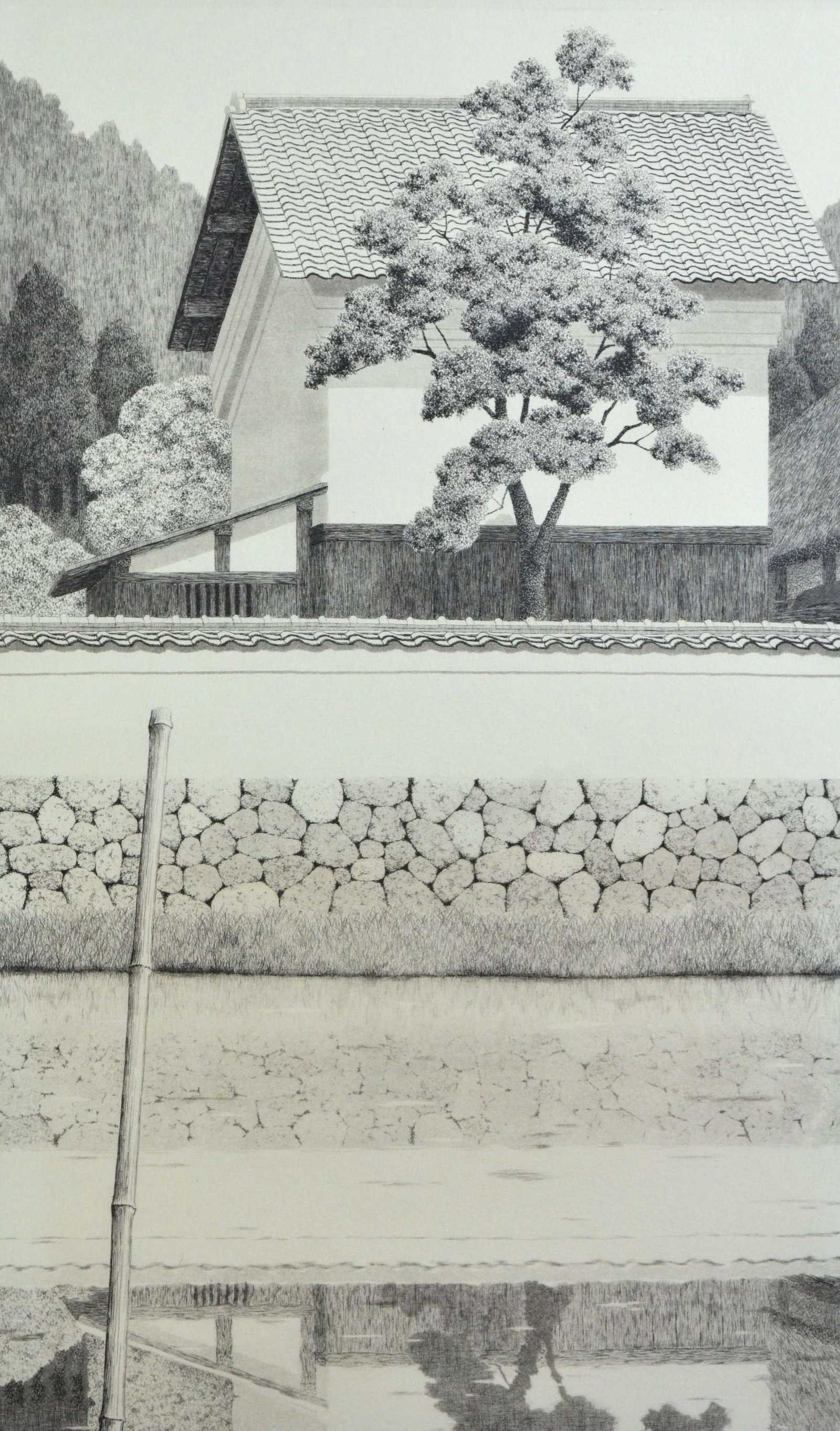 Tanaka Ryohei Etching " white Wall Reflected": Tanaka Ryohei (Japanese, 1933-2019) etching " white Wall Reflected", pencil signed "T. Ryohei '80", edition Ap 9/12, 15-1/2" x 9-1/4" plate, framed 20" x 13-3/4", very good condition