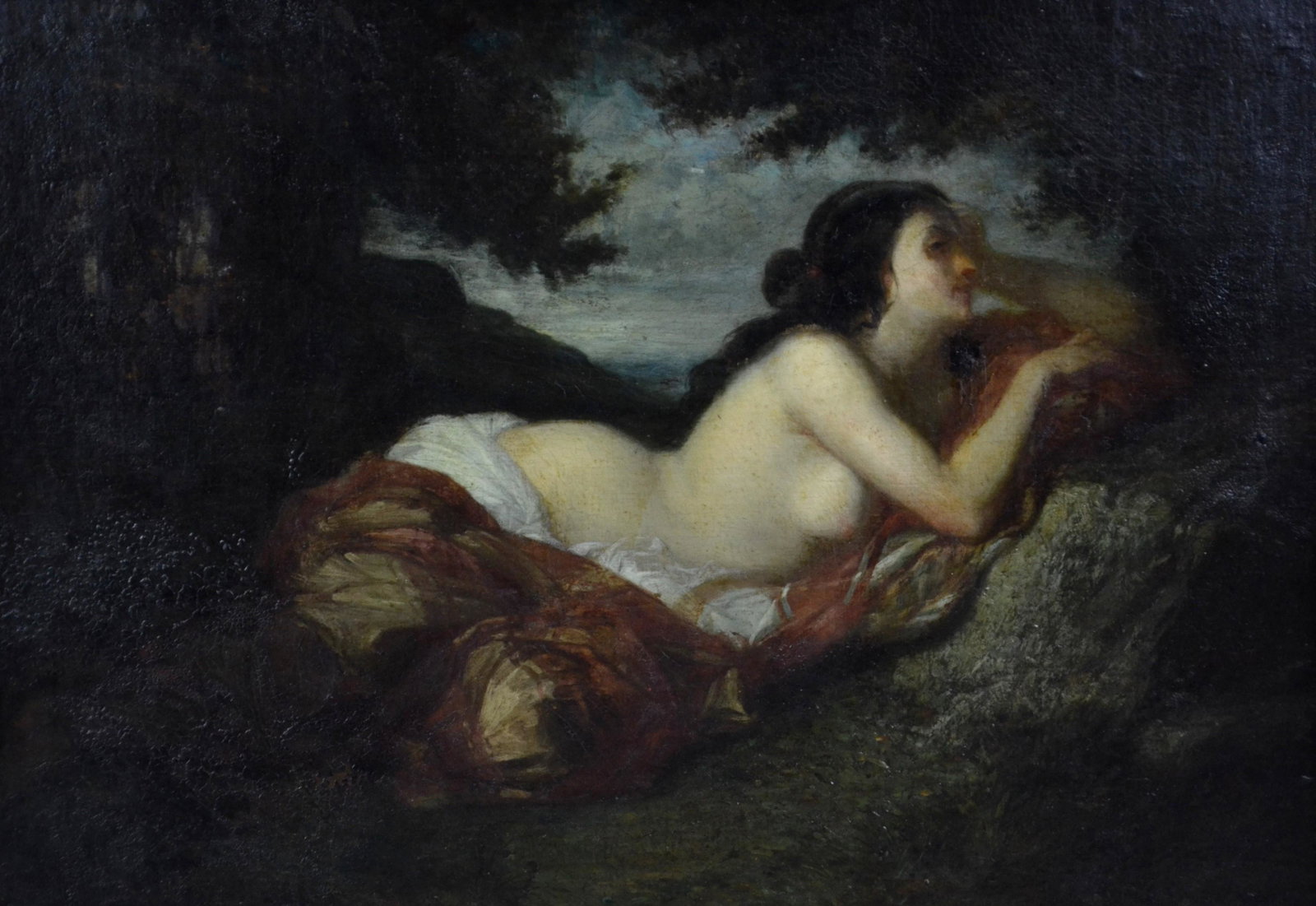 Attributed Louis Henri De Rudder "Reclining Nude": Attributed Louis Henri De Rudder "Reclining Nude", oil on board, unsigned, inscribed on reverse " l.H. De Rudder", 11-3/4" x 17-3/4", framed 14-1/2" x 19-1/4", good condition