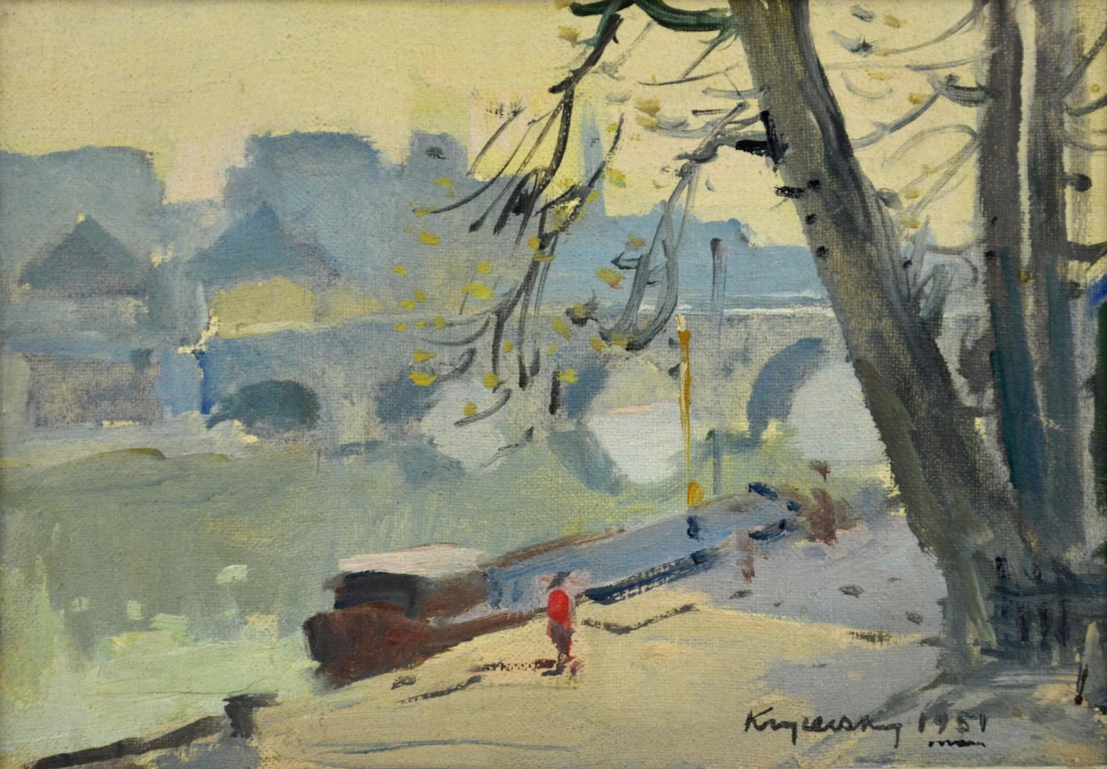 Mykola Vasyl Krycevsky "Along the Seine": Mykola Vasyl Krycevsky (Ukrainian, 1898-1961), "Along the Seine", oil on canvas, signed "Krycevsky 1951", 7-1/2" x 10-5/8", framed 12-5/8" x 15-3/4", very good condition