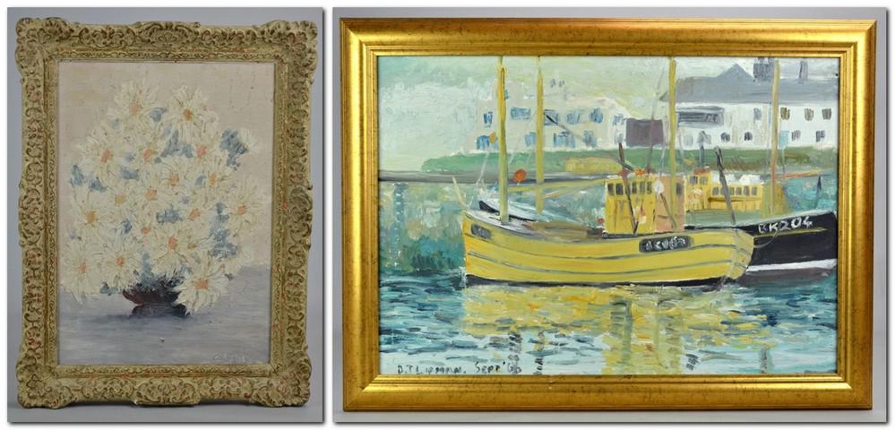 (2) 20th C American Impressionist Paintings: (2) 20th C American Impressionist paintings, "G Lyle Mackie Richardson" still life, oil on board, signed "GLMR", 14" x 10", mounted in Heydenryk frame; Boat in Harbor, oil on board, signed " d. T. Lip