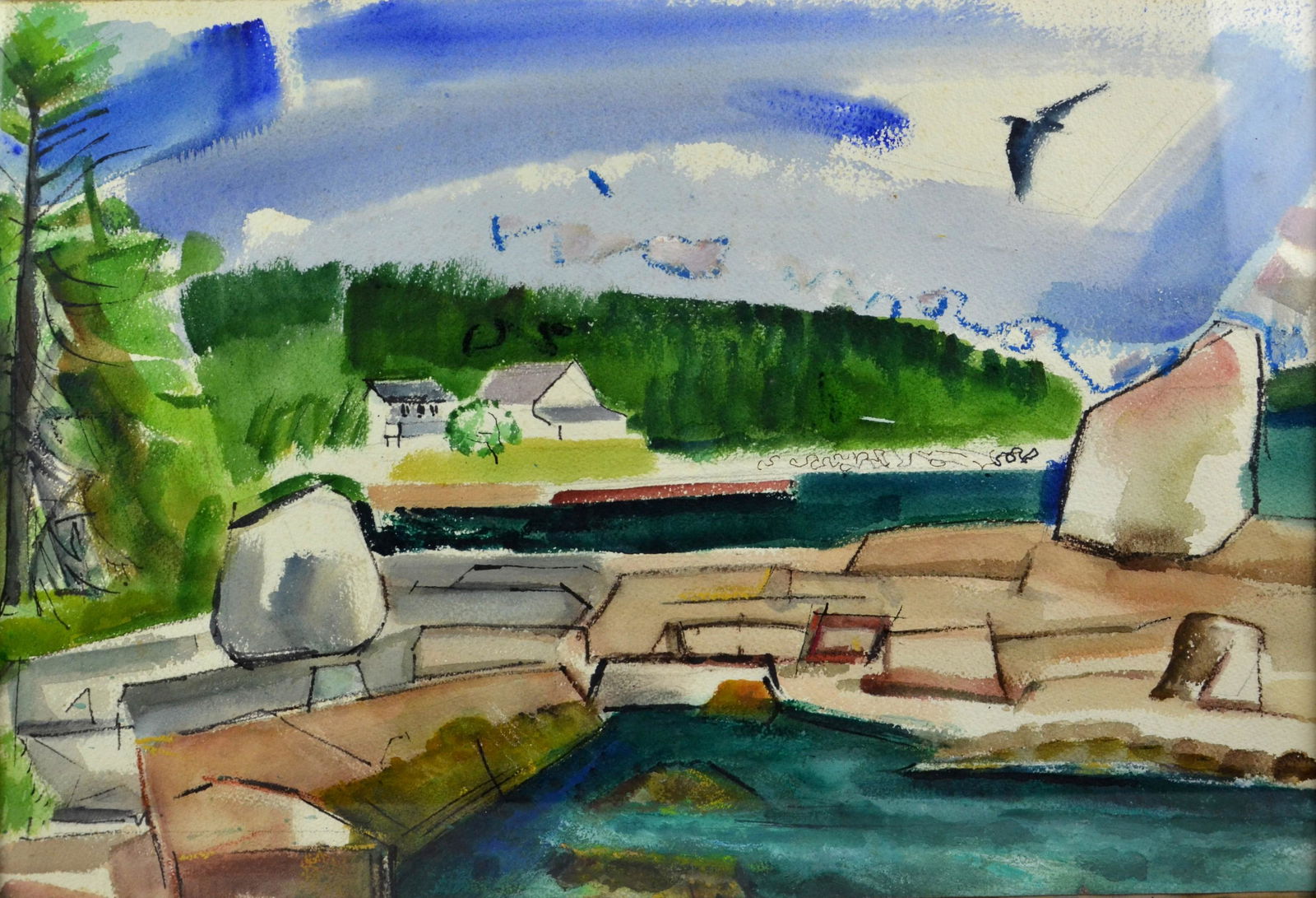 Walter Reinsel Watercolor "Incoming Tide": Walter Reinsel (American, 1905-1979) PA artist, watercolor "Incoming Tide", watercolor on paper, unsigned, inscribed with title on back, 15-1/4" x 23" sheet, framed 17" x 24", good condition