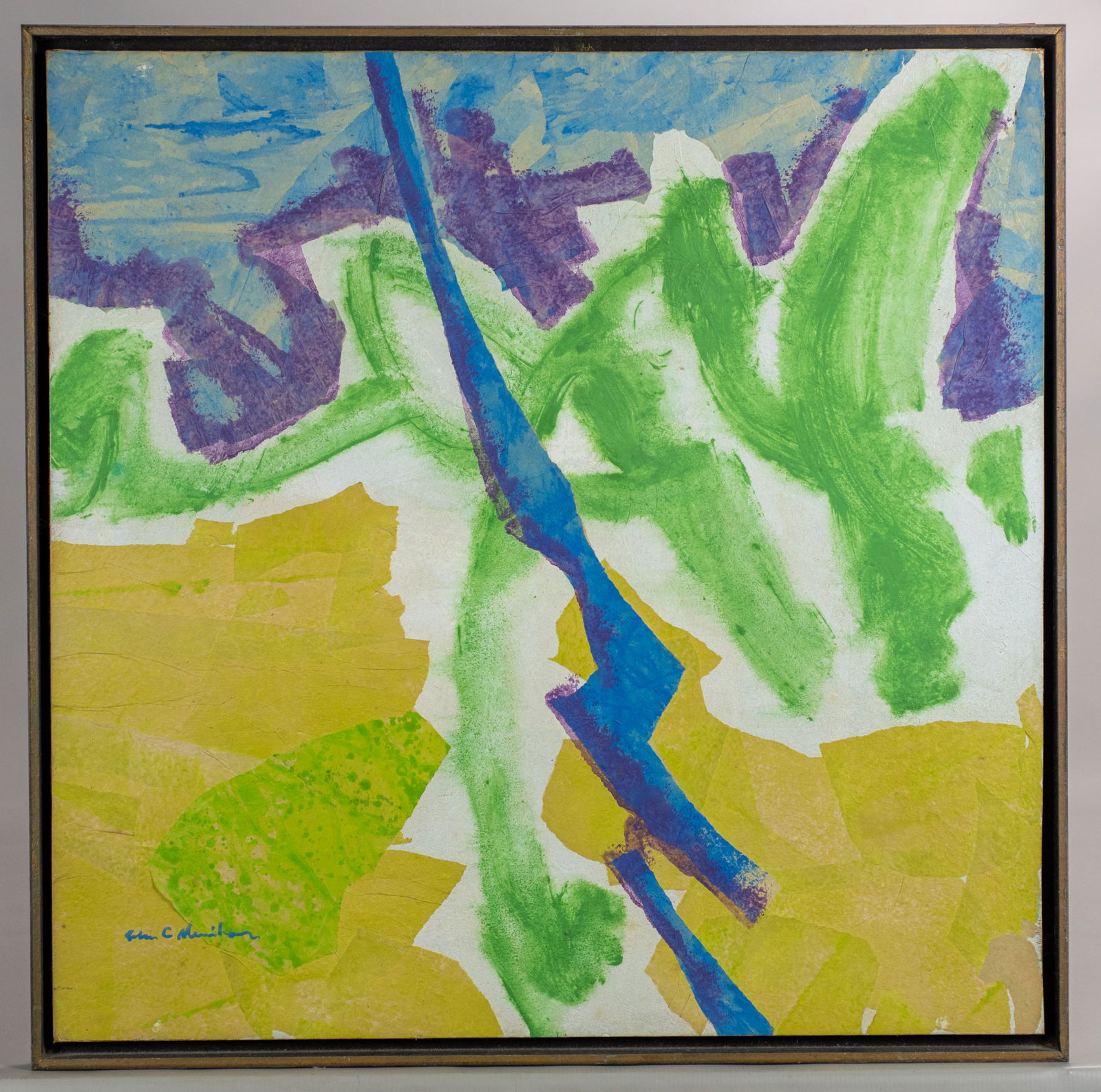 John Conway Menihan Abstract Collage Painting: John Conway Menihan abstract collage painting, mixed media with paper on board, signed "John C Menihan", 24" x 24", framed 25-1/8" x 25-1/8", good condition