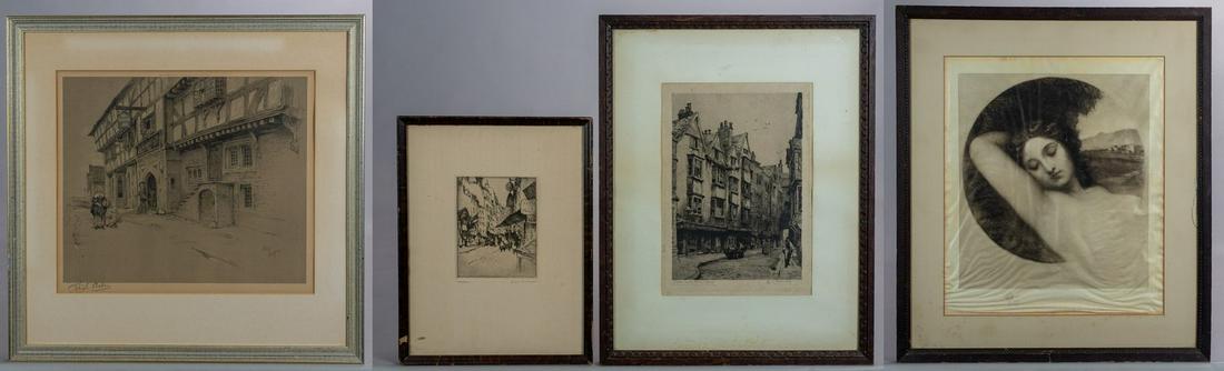 (4) Antique Signed Prints: (4) Antique Signed Prints, "Cloth Fair", etching, signed "C Robinson", 10" x 7" plate; " la Rue St Jacques", etching, illegibly signed, 5-1/2" x 4-1/2" plate; sleeping girl, etching, signed " w. Unger