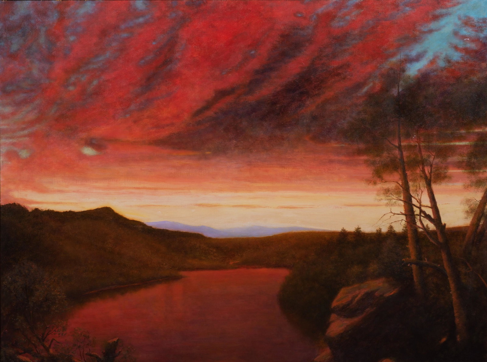 Contemporary Landscape Painting " western Sunset": Contemporary landscape painting " western Sunset", oil on canvas, unsigned, 30" x 40", framed 38-1/2" x 48-1/2", very good condition