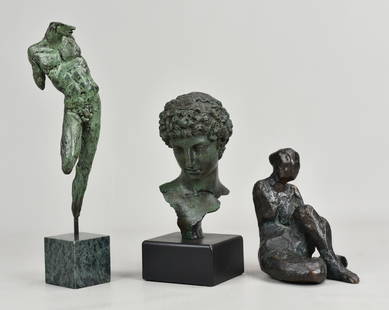 (3) Tabletop Sculptures: (3) tabletop sculptures c/o head of david in patinated bronze tone composite, 8-1/4", bronze male nude torso on marble stand, signed illegibly at back, 11" and modernist Mary Page Evans original bronz