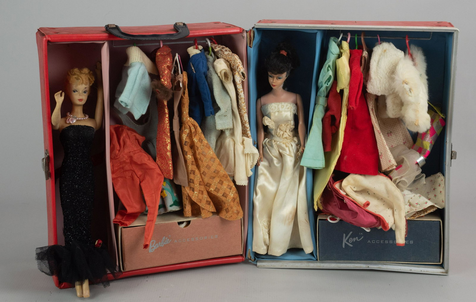 (2) Mid Century Barbies and Clothing: (2) Mid Century Barbies and clothing including (2) dolls, jacquard dresses, cotton garments, furs, jumpsuits, sun dresses and accessories. Items in 1963 red Ponytail case 1963